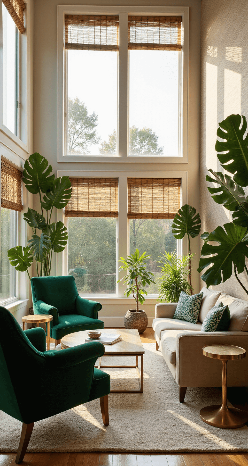 Spacious tropical modern living area with floor-to-ceiling windows, golden hour sunlight filtering through bamboo blinds, white walls, emerald green velvet accent chairs, brass side tables, large monstera and fiddle leaf fig plants, contemporary cream sofa, textured grasscloth wallpaper, and dramatic plant silhouettes.