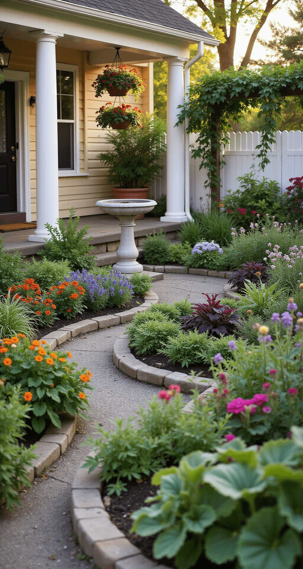 A cozy cottage-style vegetable garden with curved stone raised beds overflowing with vegetables and flowers, enclosed by a white picket fence. A central birdbath surrounded by colorful Swiss chard and nasturtiums, with hanging baskets of cherry tomatoes on porch columns and an arbor of flowering runner beans framing the path. Soft, romantic colors enhance the dreamy ambiance in golden hour lighting.