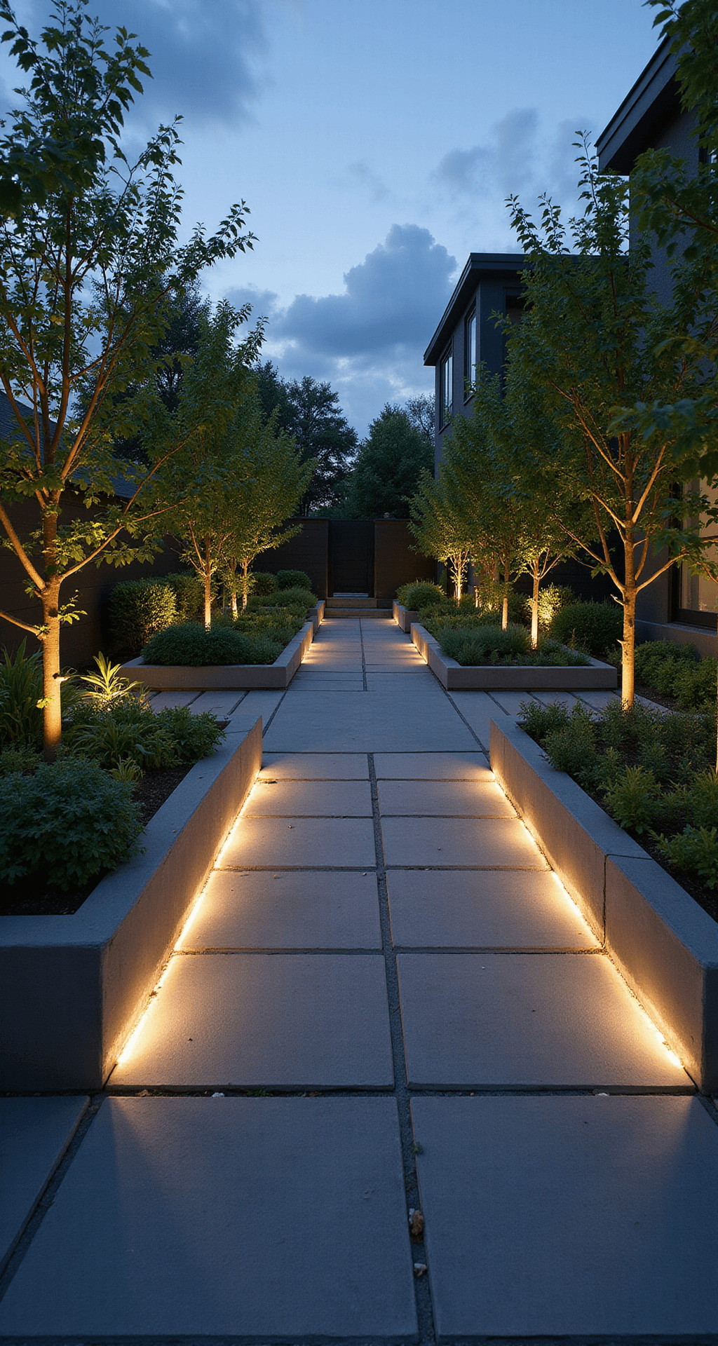 A modern minimalist front yard edible landscape at twilight, featuring raised concrete beds filled with sculpted vegetables and herbs, a central sleek water feature, and espaliered fruit trees, all illuminated by hidden LED strip lighting for a dramatic effect against the twilight sky.