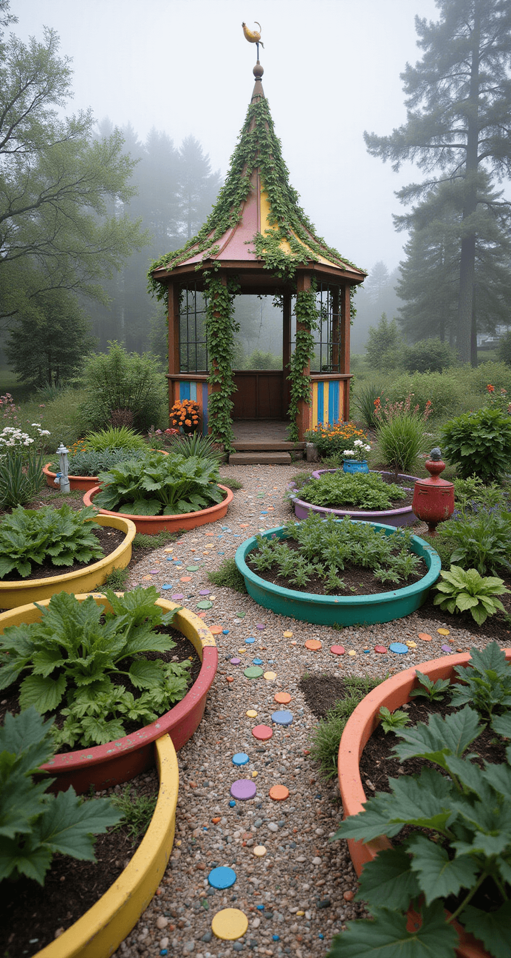 A whimsical fairy-tale vegetable garden with circular raised beds like giant flowers, vibrant crops, a central gazebo covered in climbing vines, quirky garden art, and a pebble mosaic path, captured in soft morning mist from a child's eye level.