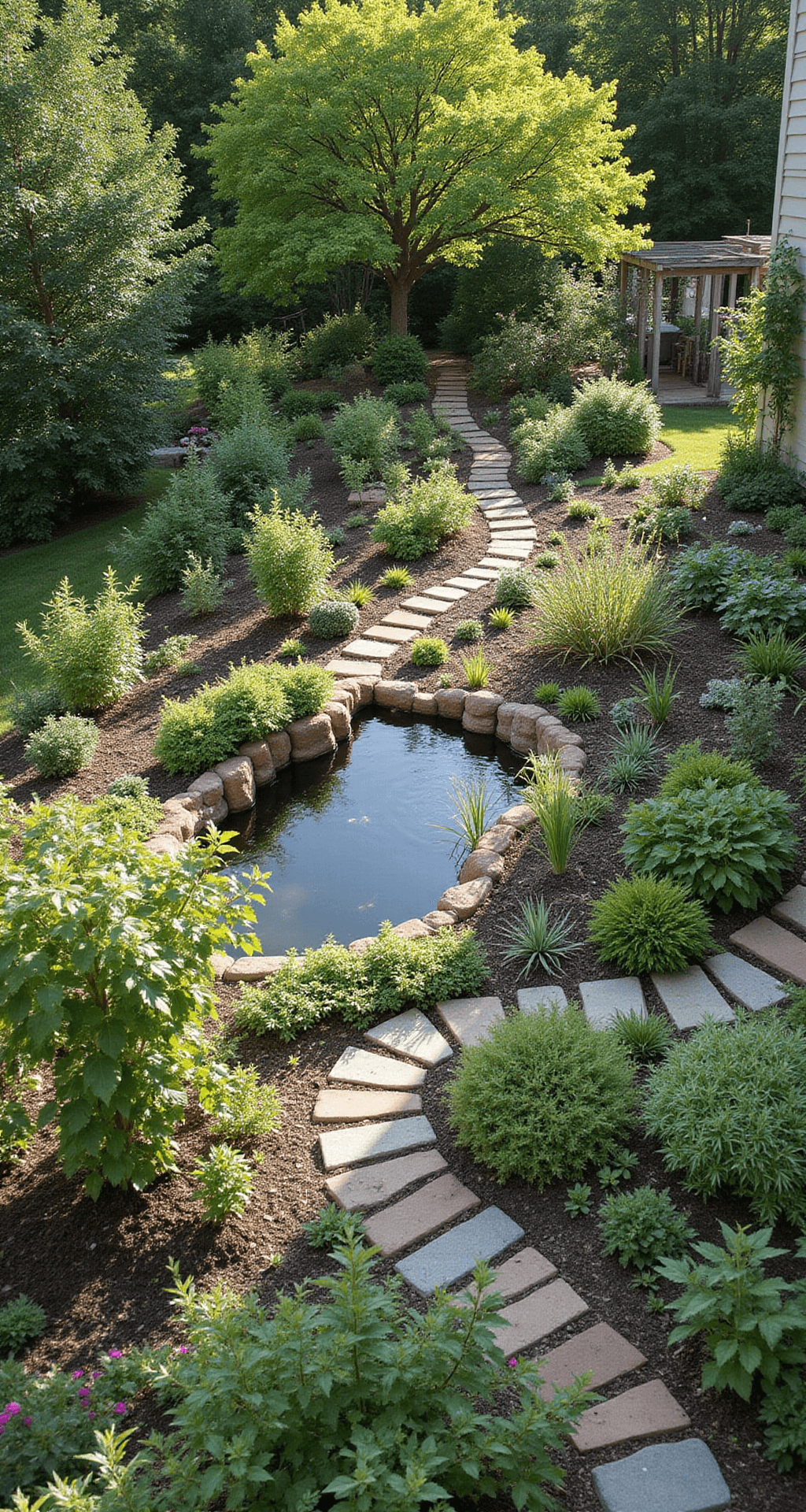 Aerial view of an eco-friendly permaculture-inspired front yard food forest, showcasing a diverse array of plants including dwarf fruit trees, shrubs, raised hugelkultur beds, a small pond, and vertical elements like a grape-covered arbor, all amidst native wildflowers and pollinator-friendly plants, under bright midday lighting.