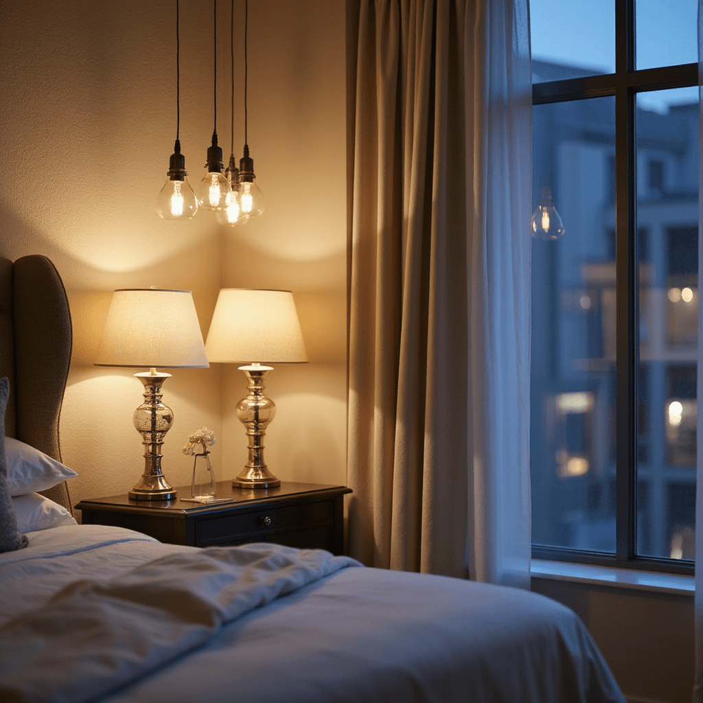 Boutique hotel-inspired bedroom at blue hour featuring upholstered wingback headboard, matching mercury glass table lamps, handblown glass pendant lights, and Venetian plaster walls, with twinkling city lights visible through sheer drapes.