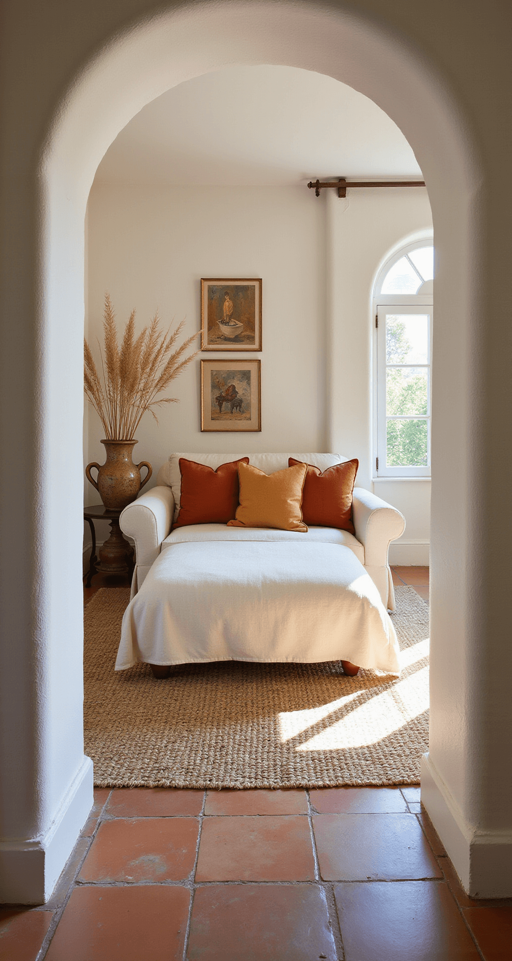 A sunlit Mediterranean retreat featuring a 16x20ft room with arched doorways, terracotta tile flooring, and whitewashed walls. A slipcovered ivory sofa adorned with rust and ochre pillows is set against a backdrop of natural light, while a vintage olive jar with dried pampas grass adds a rustic touch. A handwoven kilim rug layers over sisal, enhancing the warm, inviting atmosphere.
