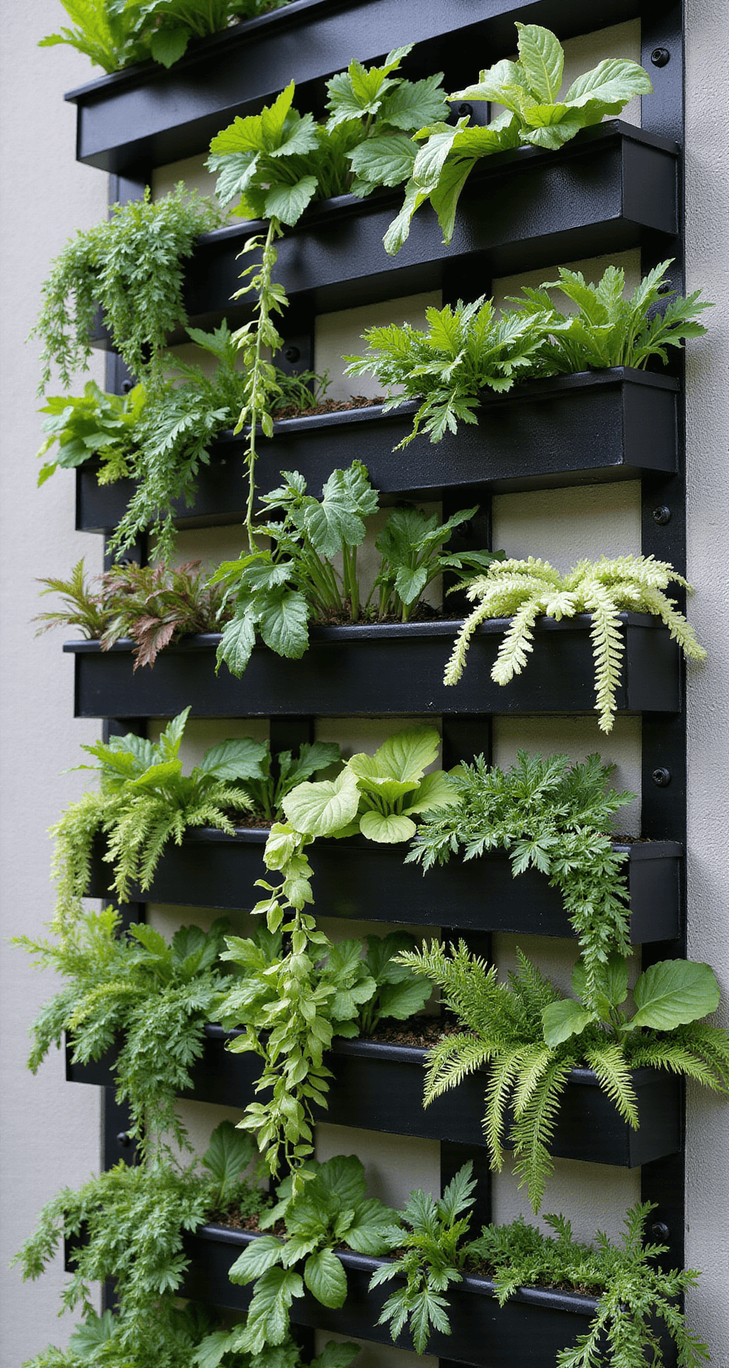 Close-up of a 12ft tall vertical garden wall featuring modular black metal planters overflowing with trailing vines, ferns, and compact vegetables, captured in diffused afternoon light. Water droplets glisten on the foliage, showcasing an organized pattern of alternating plants against a modern concrete facade.