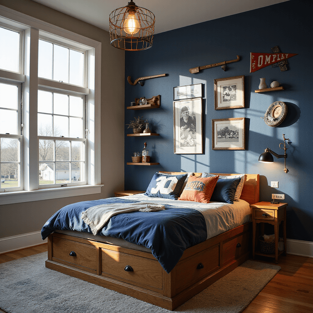 A sports-themed bedroom featuring a twin platform bed with jersey-inspired bedding, a navy blue accent wall decorated with vintage baseball pennants and hockey stick shelves, and a gallery wall of black-and-white sports photography, all illuminated by afternoon sunlight and industrial-style lighting.