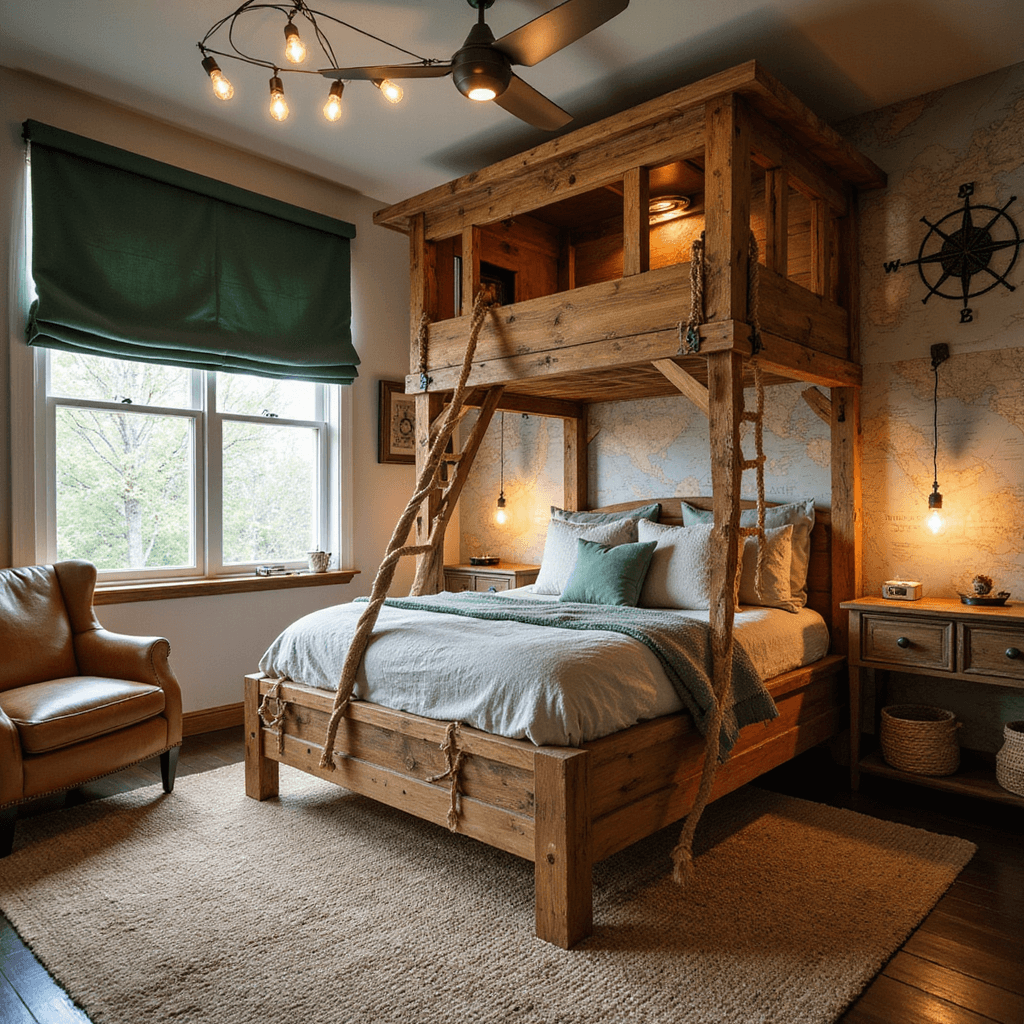A cozy adventure-themed bedroom featuring a treehouse-style bed, forest green roman shades, wall mural of a topographic map, vintage explorer tools, and warm Edison bulb lighting, all captured in soft morning light.