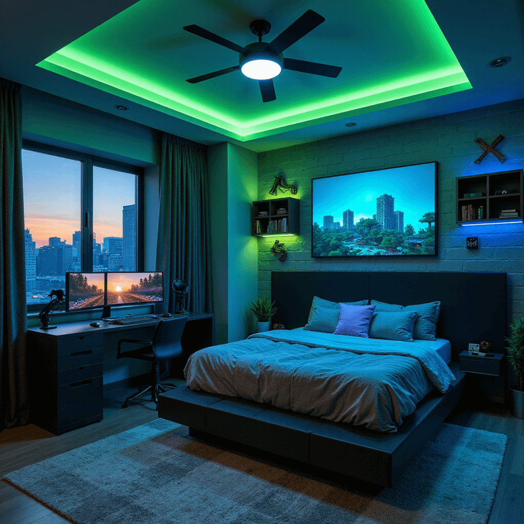 A modern gaming-inspired bedroom featuring charcoal walls, cool green and blue LED lighting, a floating desk with dual monitors, geometric matte black shelving, a platform bed with pixel-art bedding in grayscale and electric blue accents, and Minecraft-themed wall decals, all captured during golden hour for a cinematic ambiance.