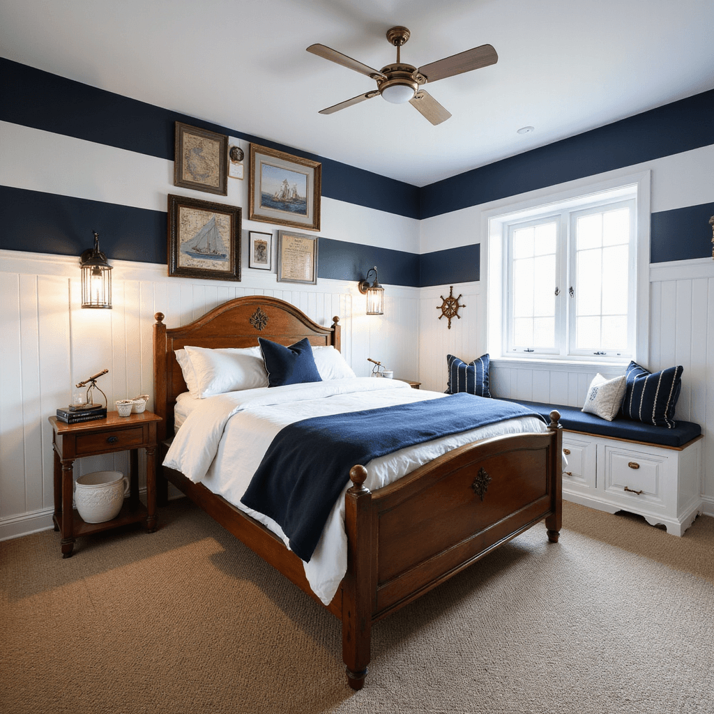 A nautical-themed bedroom featuring navy and white striped walls, a wooden captain's bed with brass hardware, ship wheel and telescope accents, a gallery wall of maritime maps and sailing photographs, built-in benches with rope pulls, a porthole-style mirror, and industrial cage sconces, all illuminated by crisp morning light.