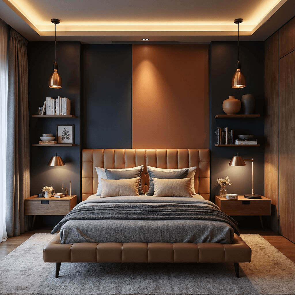 A contemporary bedroom featuring a modern platform bed with channeled upholstery, layered ambient lighting, color-blocked focal wall in terra cotta, navy, and warm gray, and curated personal items on floating nightstands and asymmetrical shelving, captured at dusk.
