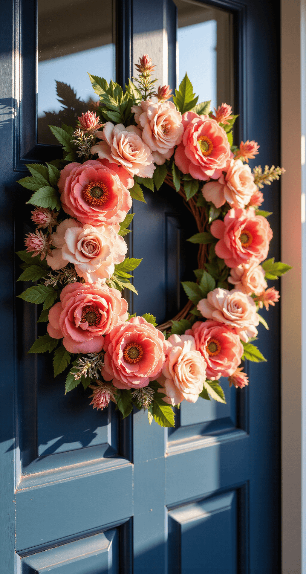 A low angle shot of a vibrant coral and pink floral wreath on a glossy navy blue door, with warm golden hour sunlight casting soft shadows, creating an inviting and cheerful atmosphere.