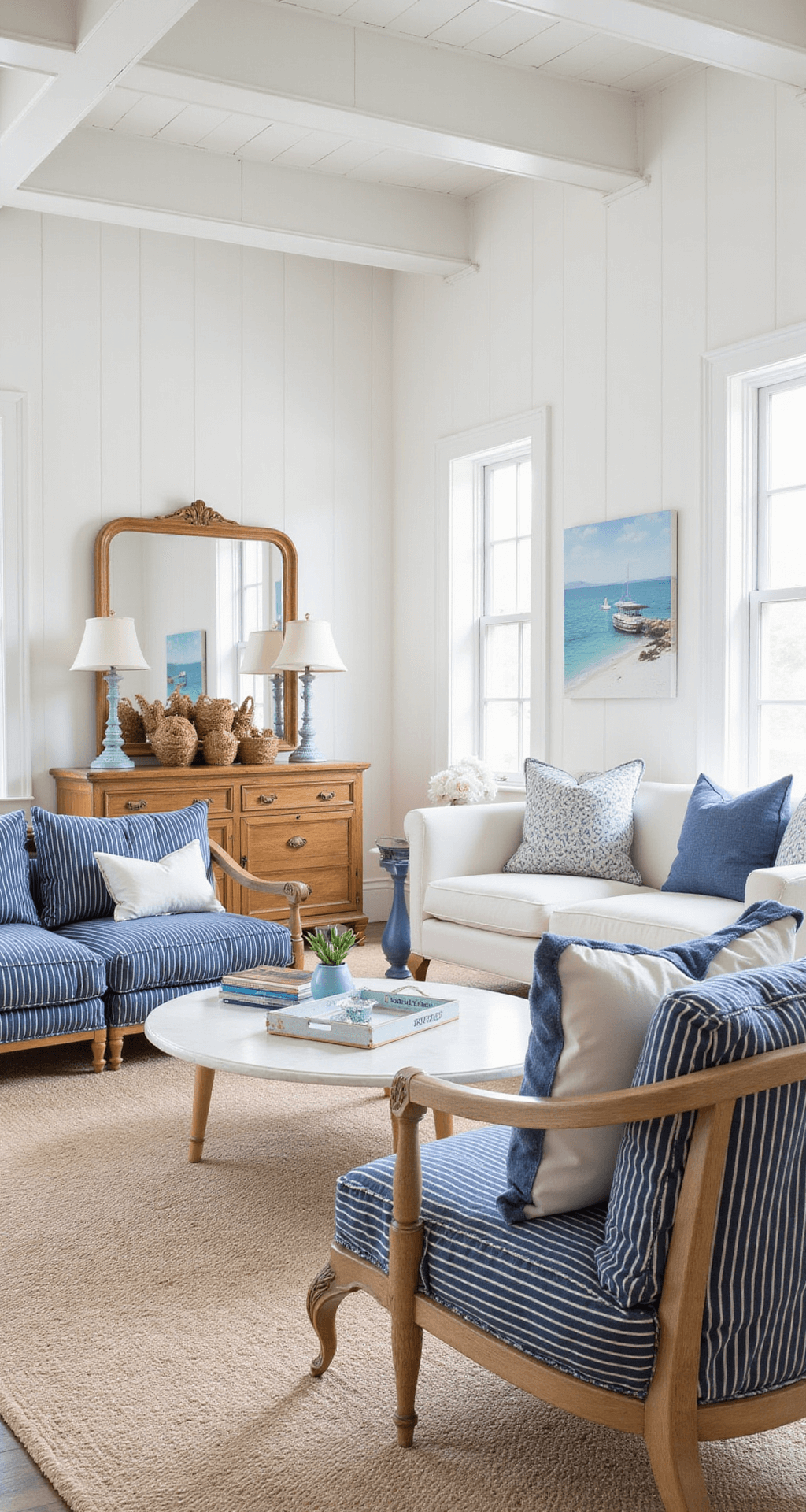 Open-concept Hamptons-inspired interior showcasing a coffered ceiling, navy and white striped upholstery, bleached oak furniture, seagrass baskets, and maritime artwork against white paneled walls with pale blue accents, illuminated by morning light.