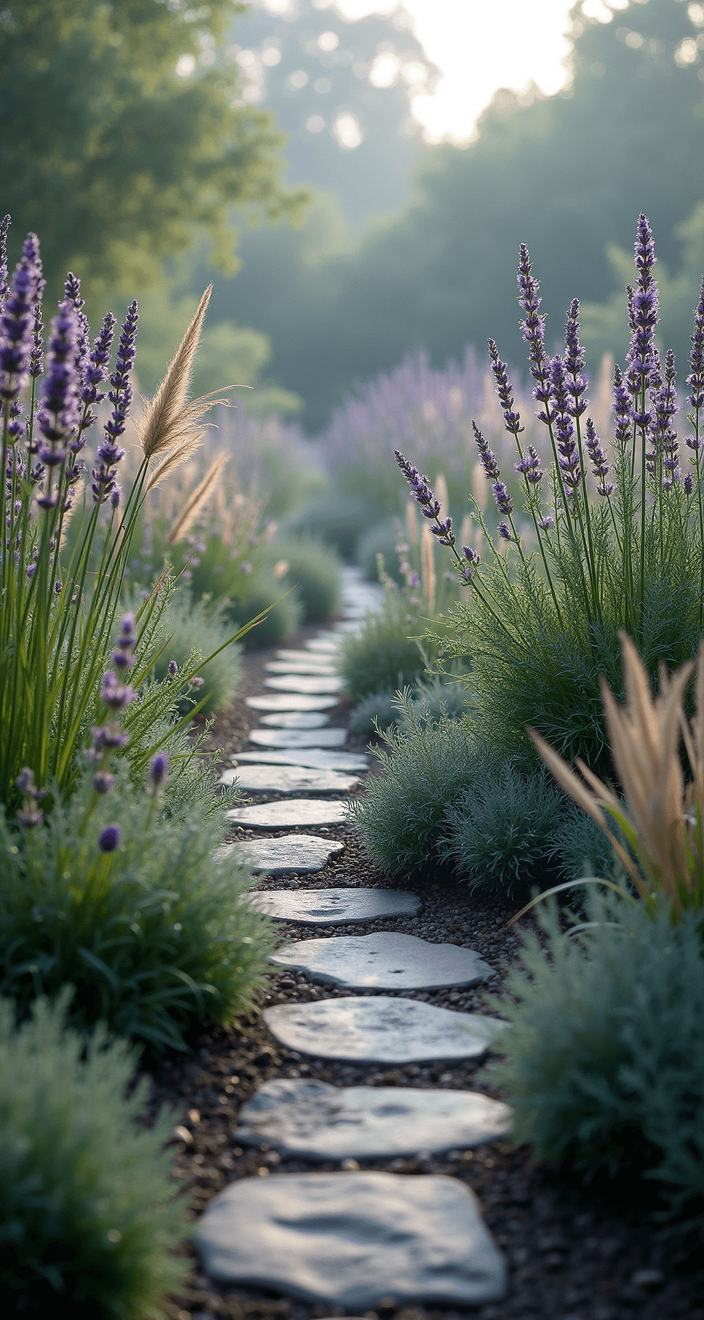 A serene ground-level view of a sensory garden in early morning mist, showcasing a curved pathway bordered by aromatic herbs like lavender, thyme, and sage with dewdrops on their silvery foliage. Tactile elements such as lamb's ear and ornamental alliums add depth, while natural stone pavers lead to a small meditation area, all illuminated by soft morning light in a muted palette of silvery greens, purple-blues, and warm stone tones.