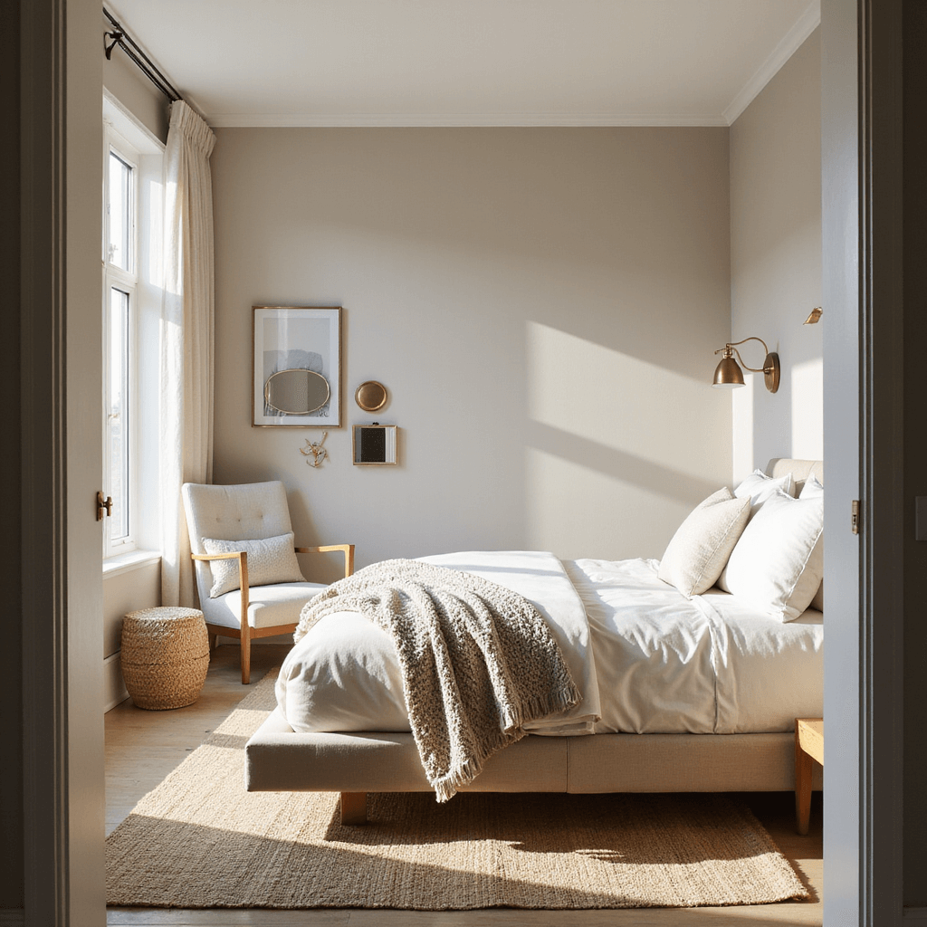 A spacious bedroom featuring floor-to-ceiling windows, walls painted in Sherwin-Williams 'Neutral Ground,' a platform bed with ivory linens, a chunky knit throw, a bouclé accent chair, and a jute rug, all illuminated by morning light, with brushed brass fixtures adding a touch of metallic elegance.