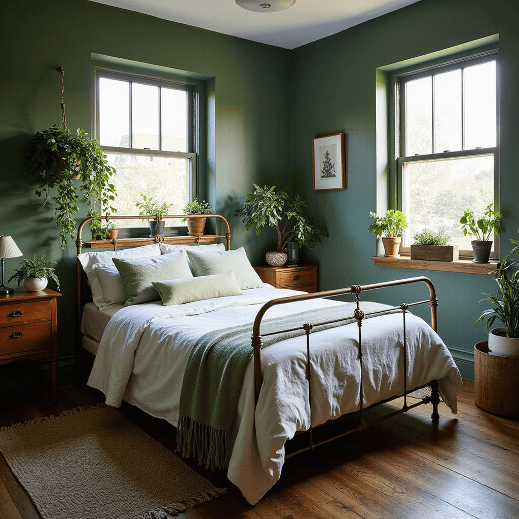 Cozy bedroom featuring Farrow & Ball's 'Calke Green' walls, vintage brass bed with white linens, potted monstera and trailing ivy, weathered oak flooring, and handwoven wool rugs, captured in soft, diffused afternoon light.