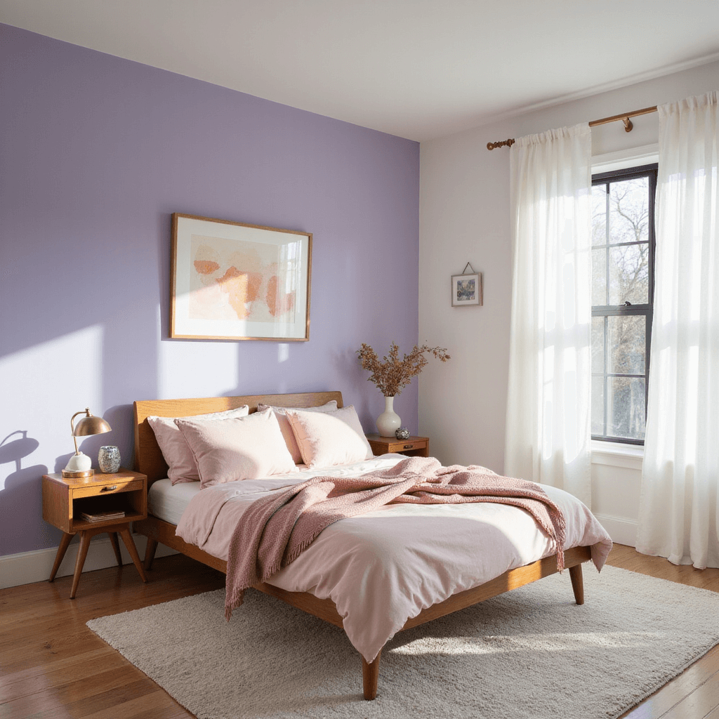 A fresh, sophisticated bedroom featuring a soft lavender accent wall, warm white walls, a mid-century modern bed frame with blush pink bedding, brass accents, and watercolor art, all bathed in afternoon light filtering through sheer curtains.