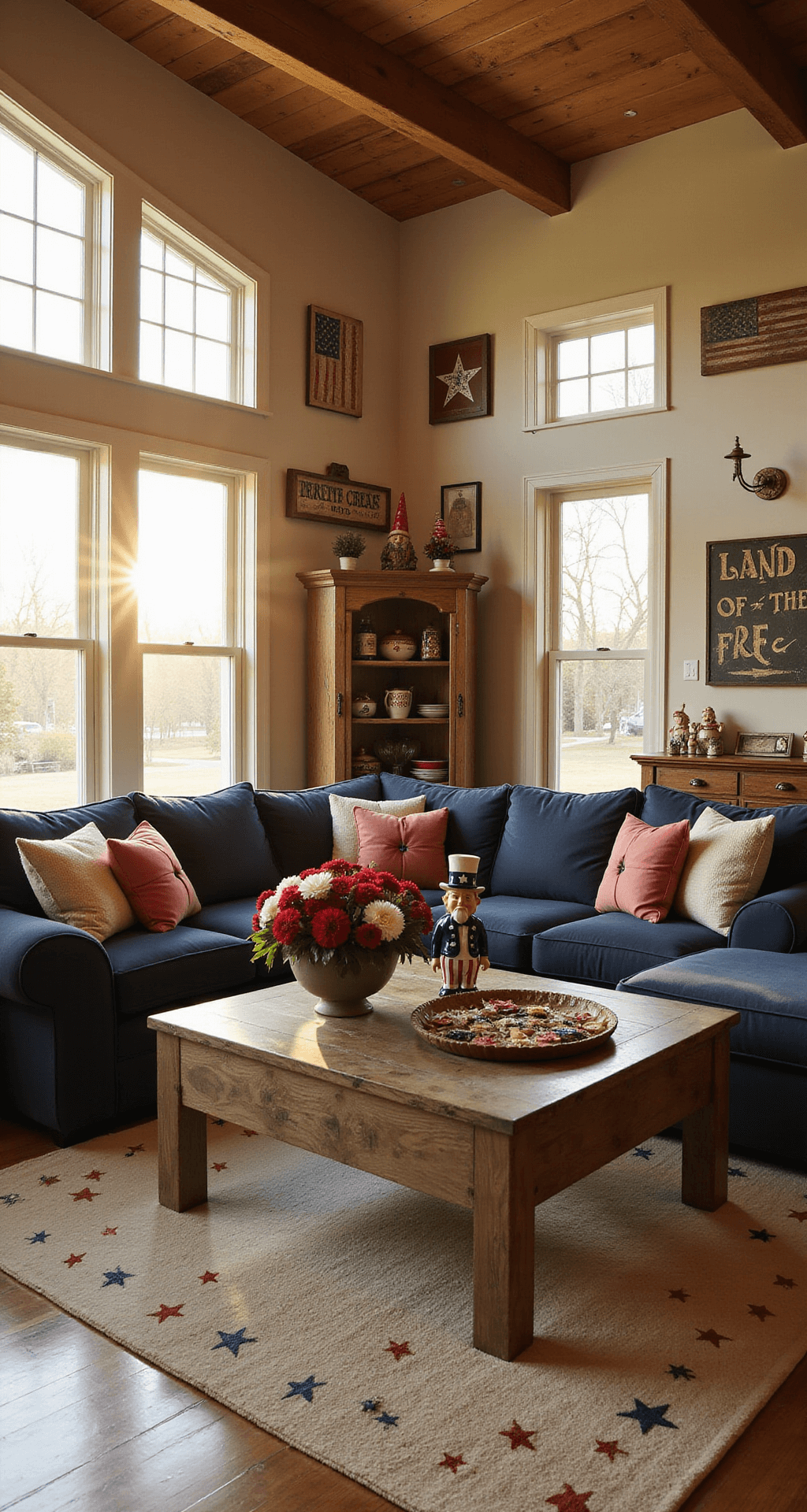 Spacious sunlit living room with vaulted ceilings, featuring a navy sectional with star-spangled pillows, a wooden coffee table with a vintage Uncle Sam figurine, and patriotic decor on the walls and hutch. A cream area rug partially covers the hardwood floor, all bathed in warm golden light.