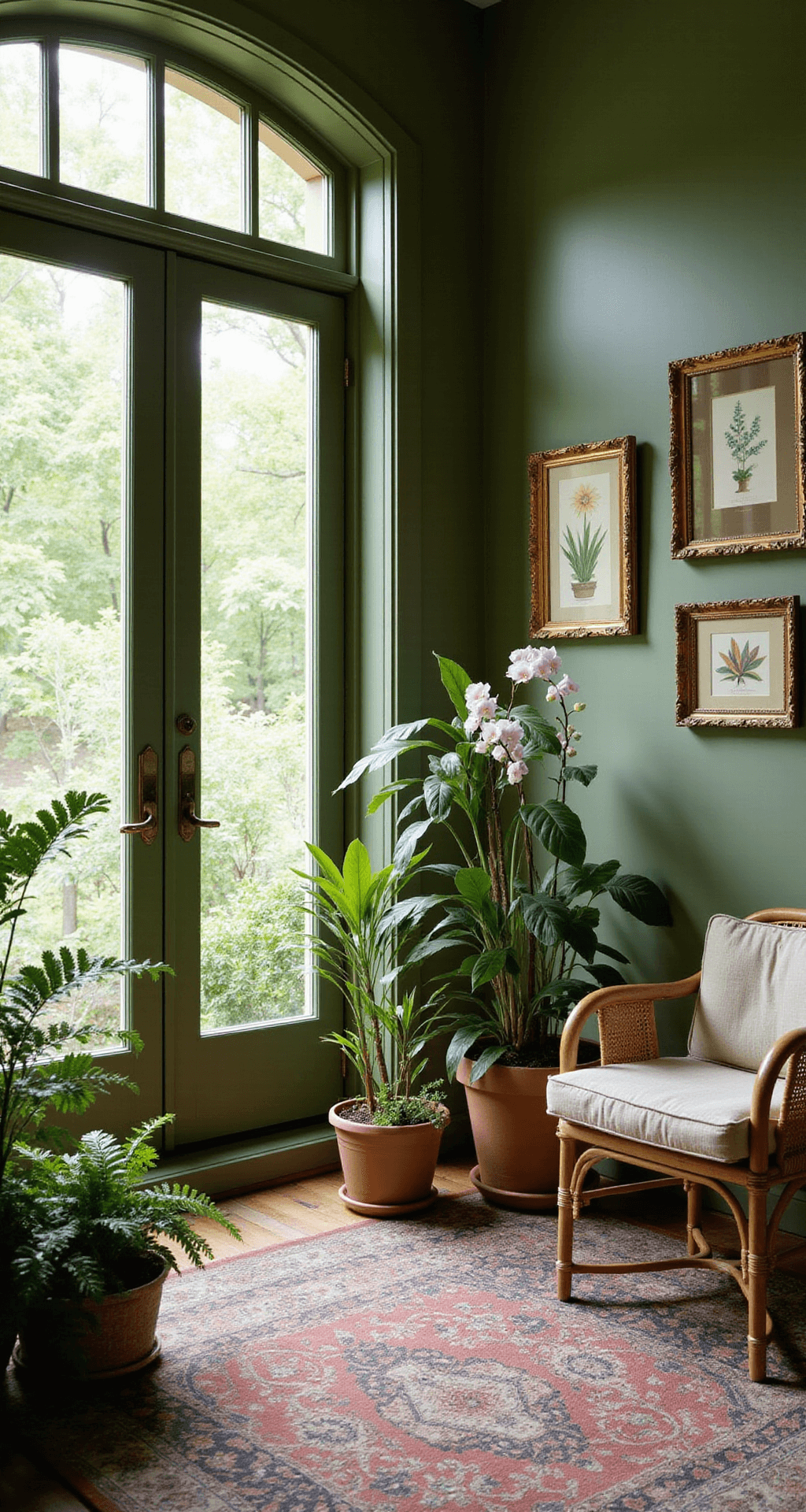 A cozy 15x18ft lounge with sage green walls and natural rattan furniture, featuring French doors to a garden. Dappled light filters through leafy trees, illuminating potted ferns and orchids, while vintage botanical prints in gilded frames adorn the walls, creating a serene indoor-outdoor atmosphere.