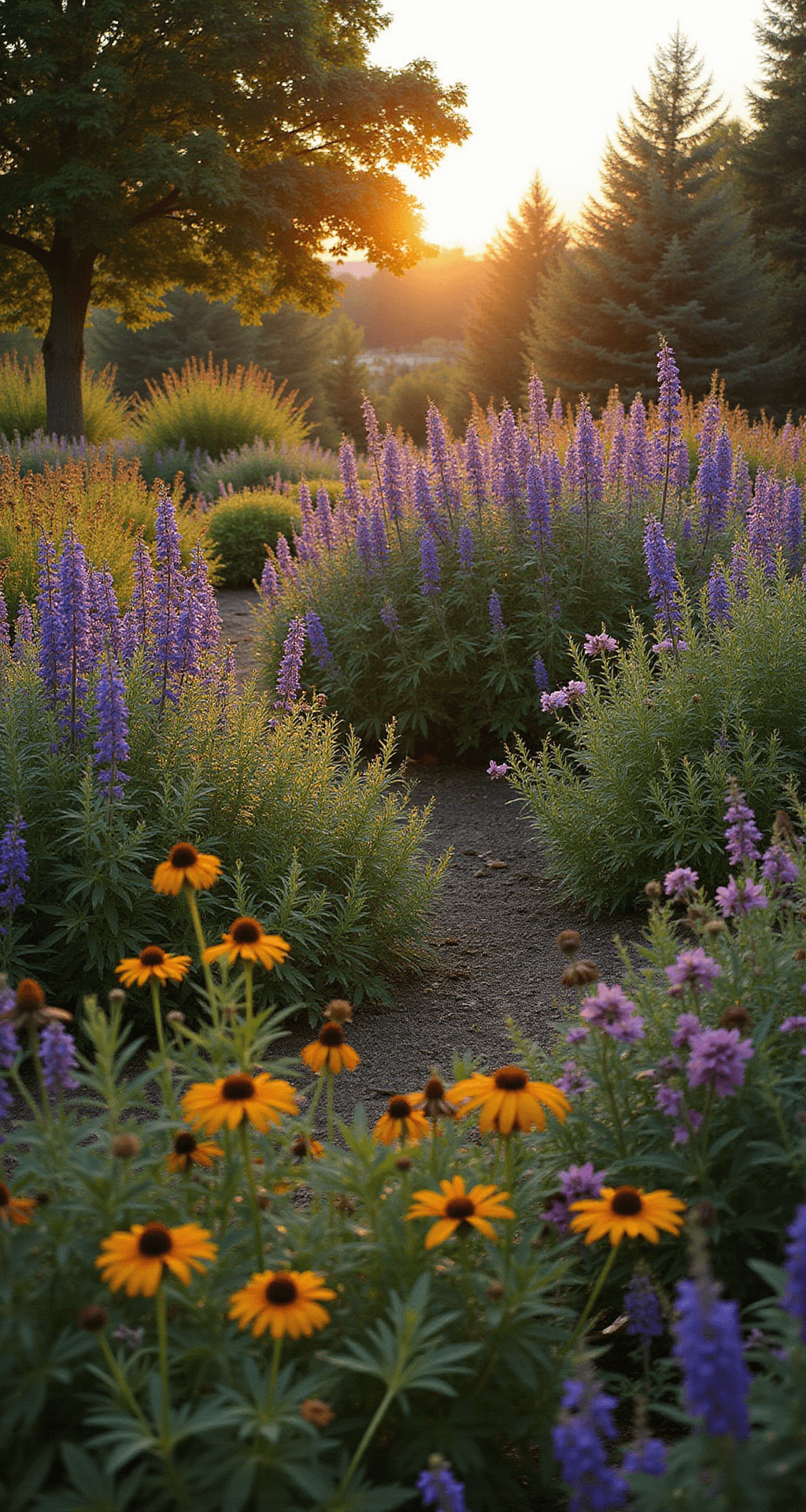 Wide shot of a vibrant mature garden at sunset, featuring layered plantings with tall joe-pye weed and Russian sage at the back, mid-height coneflowers, and shorter hardy geraniums, all illuminated in golden light, showcasing rich colors of deep purples, golden yellows, and copper seed heads, with natural drifts of plants creating a serene flow.