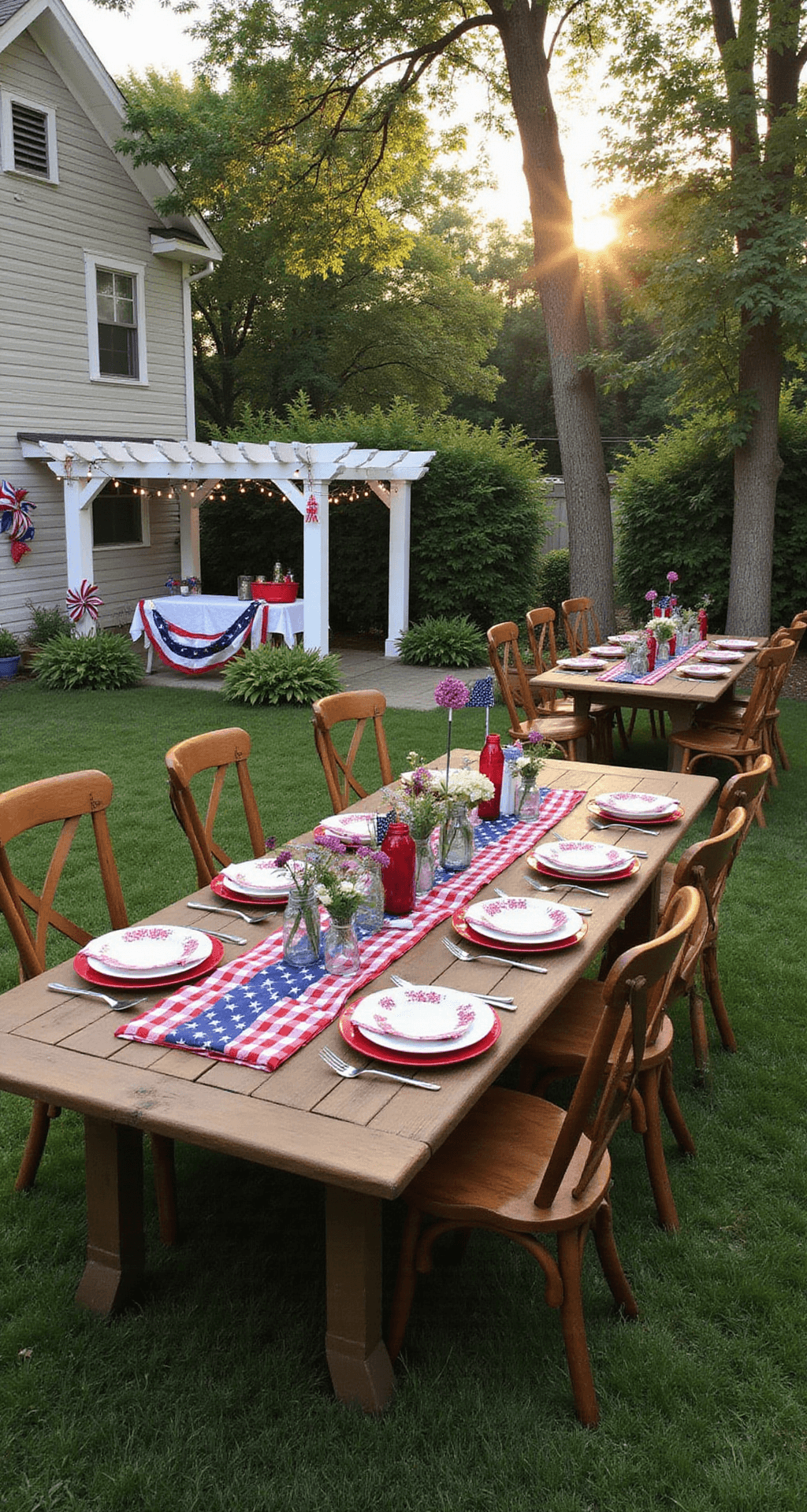 A beautifully arranged backyard for a 4th of July celebration, featuring a long farmhouse table with red, white, and blue decorations, string lights above, a white pergola adorned with bunting, and a DIY photo booth area, all bathed in warm golden hour sunlight.