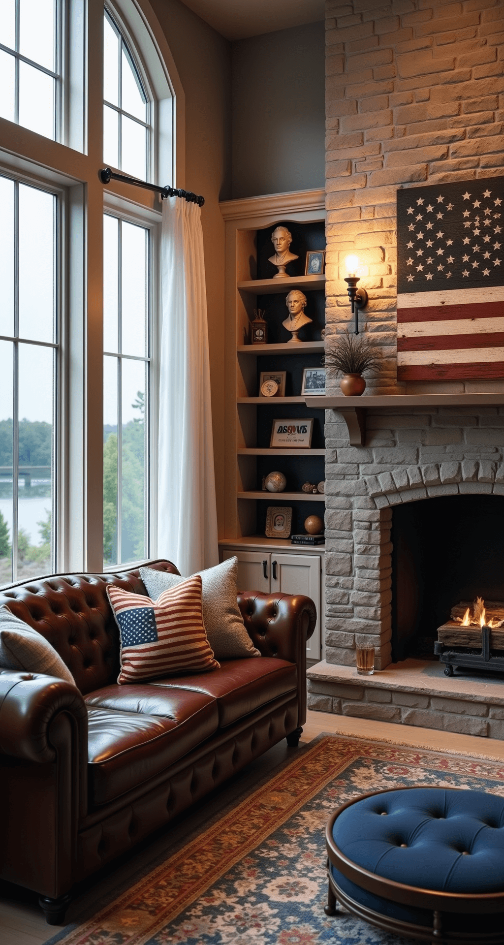 A cozy family room features cathedral windows with lake views, twilight hues filtering through sheer curtains, a distressed leather Chesterfield sofa with patriotic throw pillows, a stone fireplace with a wooden American flag art piece, built-in bookshelves filled with Americana decor, and a muted red, white, and blue area rug, all captured from a corner for depth.