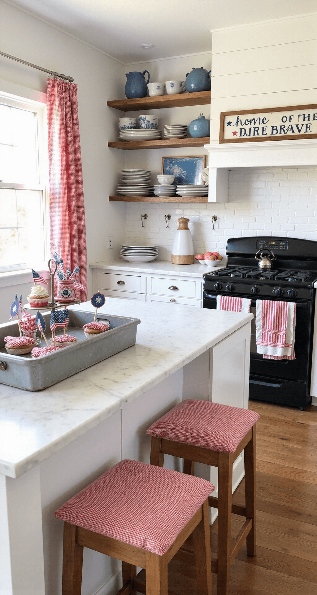 Charming country kitchen with white shiplap walls, a farmhouse sink, butcher block countertops, and a marble-topped island adorned with red and white decor, illuminated by morning sunlight through gingham curtains.