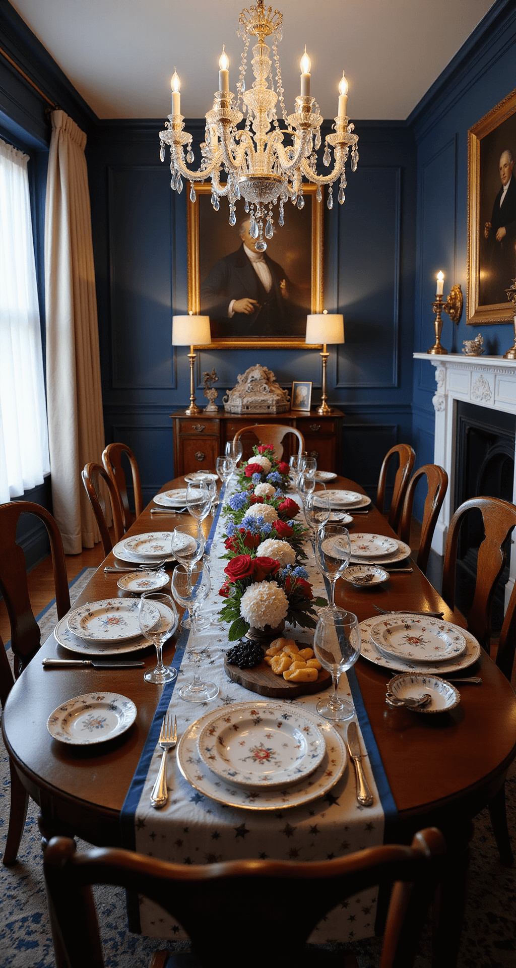 An elegant formal dining room with navy wainscoting and crown molding, featuring a mahogany table set for a patriotic dinner with fine china, sterling silver flatware, and crystal stemware, illuminated by a crystal chandelier and taper candles. Low floral arrangements of red roses, white hydrangeas, and blue delphiniums decorate the table, while a silver tray displays a stars and stripes themed cheese board. Historical documents and portraits decorate the walls, captured in moody lighting.