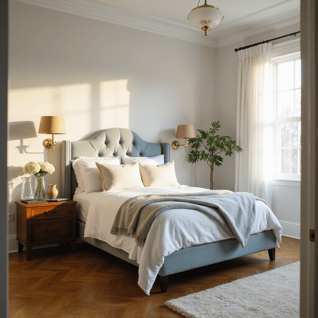 Sunlit guest room featuring a luxurious queen-size bed with white Egyptian cotton sheets, gray cashmere throw, and textured pillows, complemented by a tufted blue velvet headboard, brass sconces, and a vintage walnut nightstand adorned with a ceramic lamp and fresh hydrangeas, all set on warm oak hardwood floors with a cream Moroccan rug.