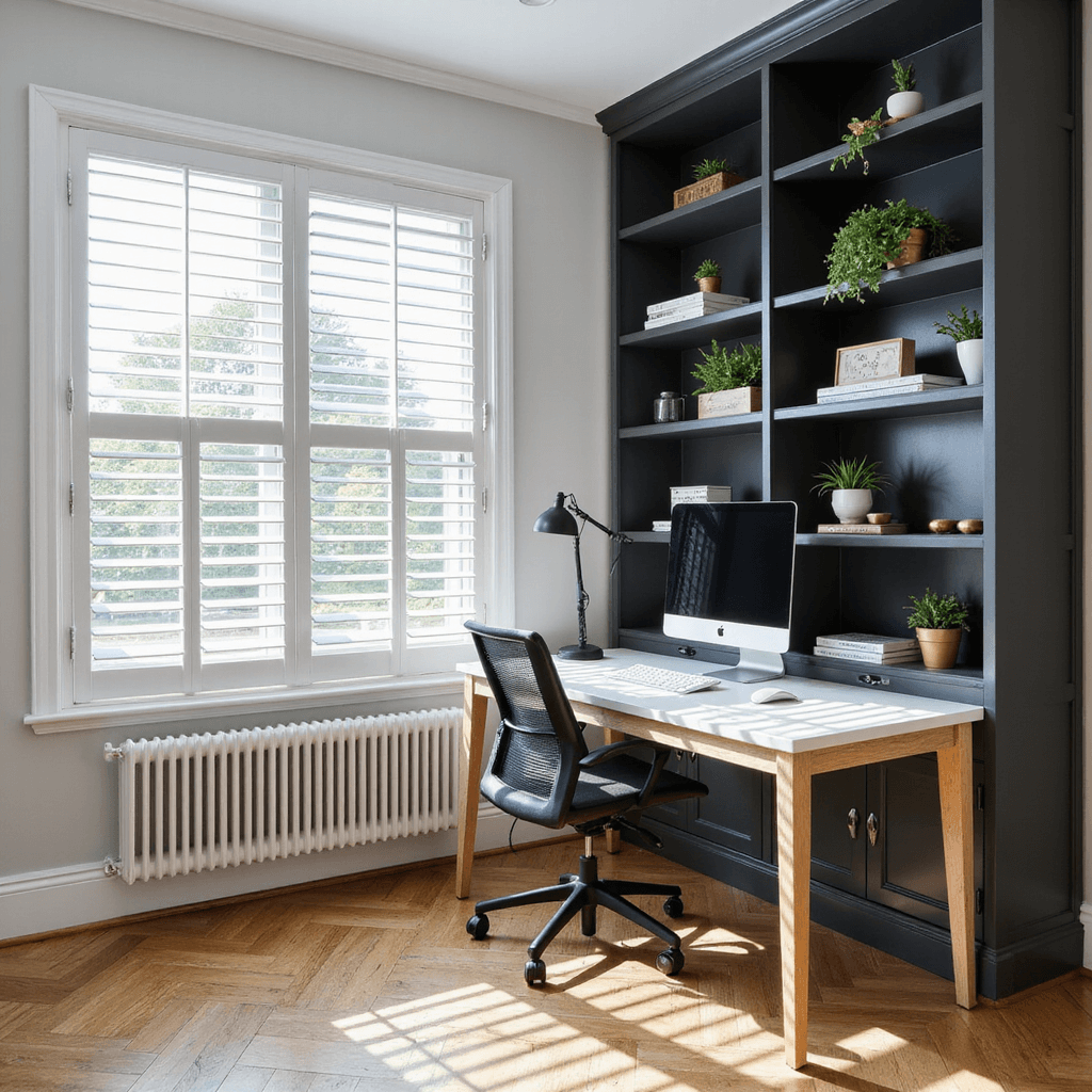 Professional home office featuring a minimalist white oak desk, ergonomic black mesh chair, and built-in matte charcoal bookshelves, with floor-to-ceiling windows casting shadows and showcasing a contemporary, Scandinavian-inspired design.