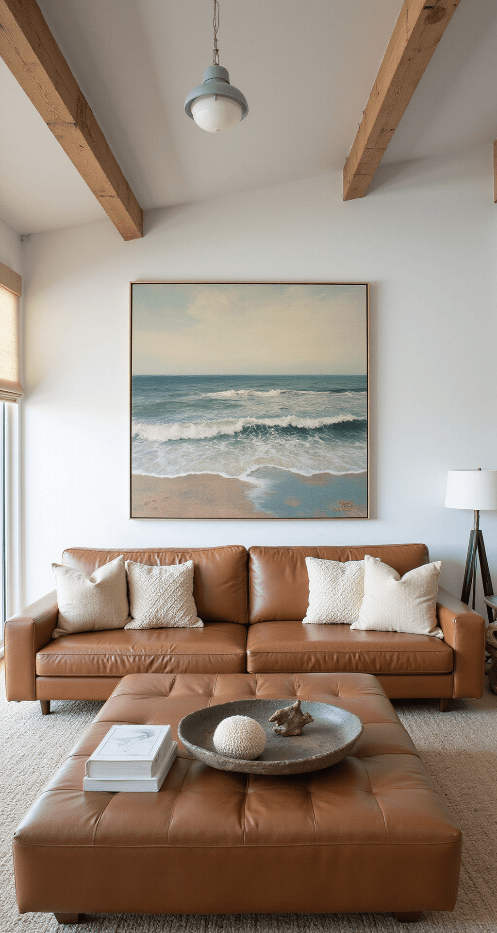 A modern beach bungalow interior featuring a 20x20ft square room with an exposed beam ceiling, diffused light from translucent Roman shades, a low-profile leather sectional adorned with cream and sand pillows, and an oversized abstract seascape canvas. The room is accented with rope details and driftwood elements, captured from an elevated angle to showcase the furniture arrangement in soft, even lighting.