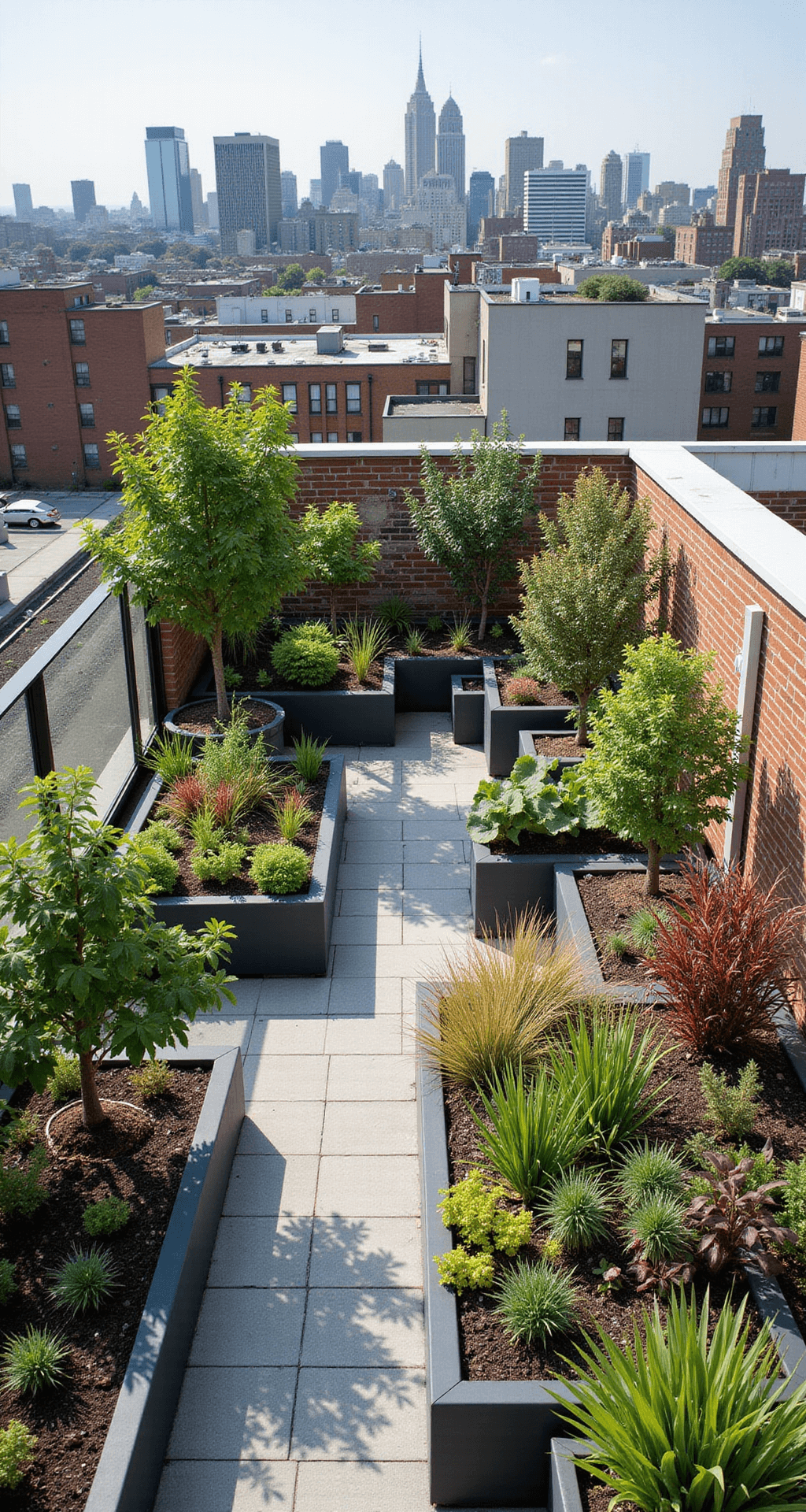 Bird's-eye view of a 20x30ft urban rooftop garden with modern charcoal planters containing dwarf fruit trees, compact vegetables, and ornamental grasses. A steel cable trellis supports climbing plants, while a city skyline is visible in the background. The sharp focus highlights the geometric layout against a contemporary grey hardscape, accented by vibrant plants in bright midday light.