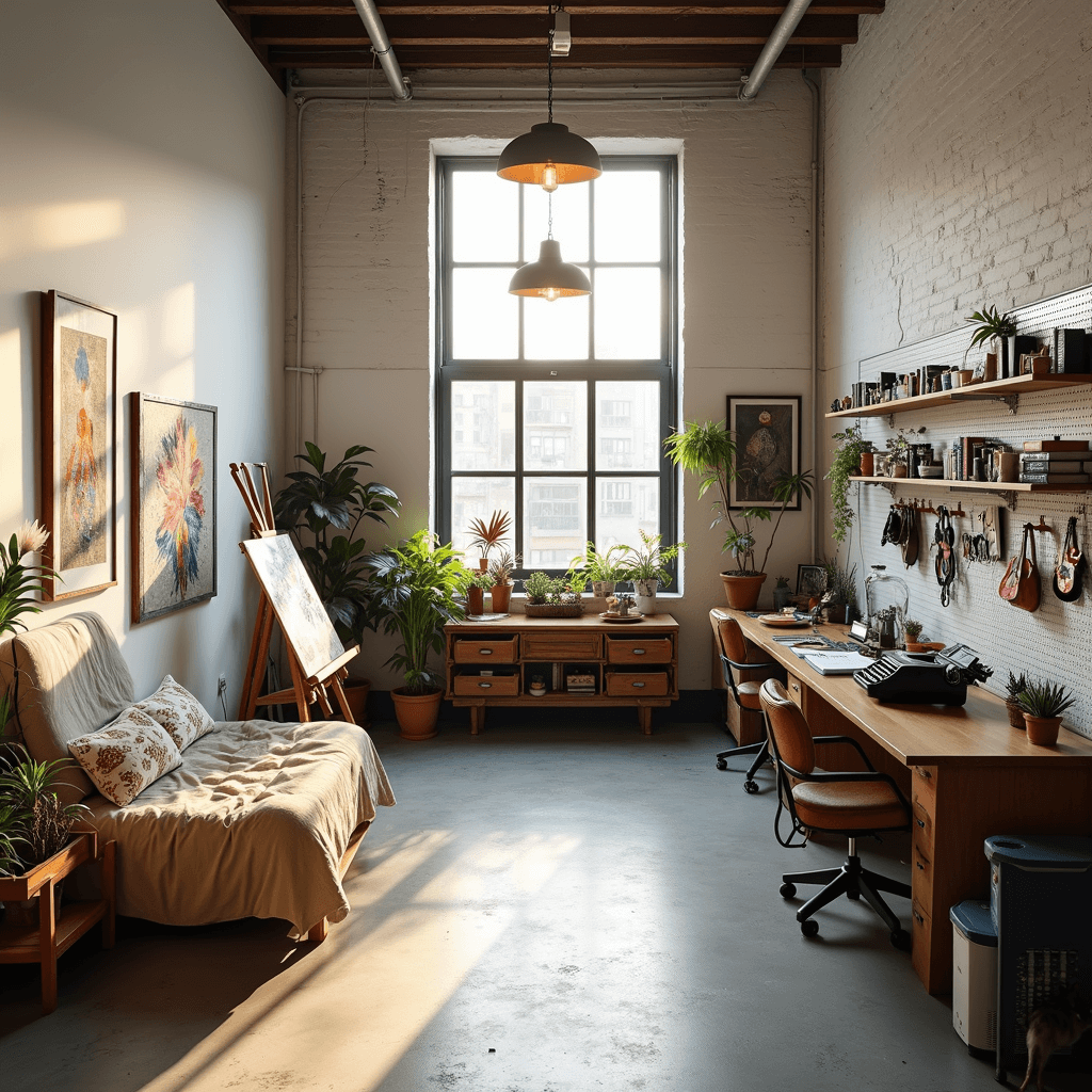A bright, industrial-style creative studio featuring modular furniture zones: a paint-splattered easel corner, a music area with acoustic panels, and a writing nook with a vintage typewriter, all under warm pendant lighting, with white walls and concrete-look flooring. Custom pegboard storage displays art supplies in rainbow order, blending natural materials with modern metals.
