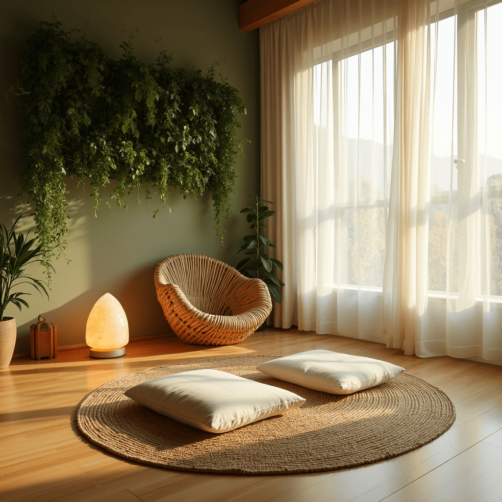 A tranquil zen sanctuary featuring low-profile linen meditation cushions on bamboo flooring, a curved rattan chair surrounded by a living plant wall, and a warm glow from a Himalayan salt lamp, all bathed in dawn light with a palette of sage green, warm white, and natural woods.