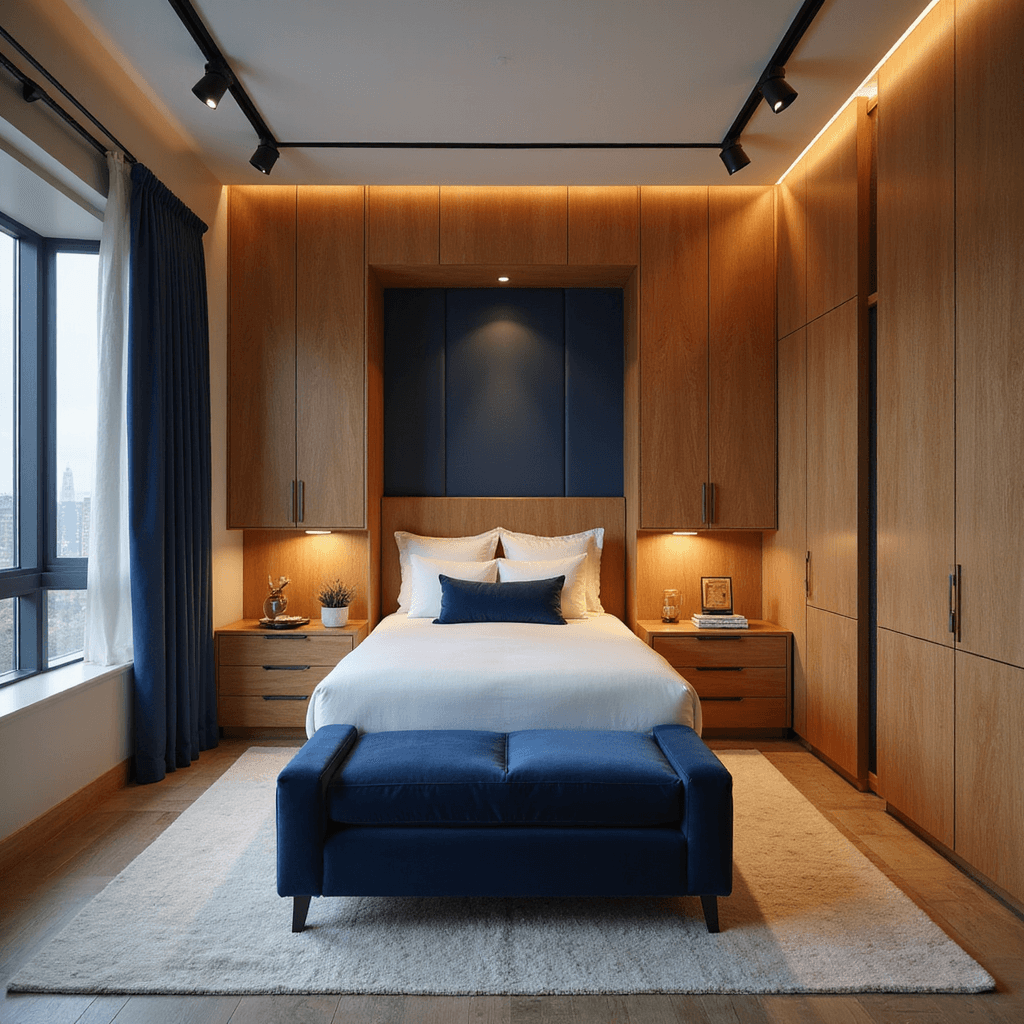 Dusk interior of a 14x16ft flex room featuring a Murphy bed wall that converts to a desk, custom warm maple millwork for storage, modular velvet seating for guests, and an automated lighting system. The design incorporates navy, brass, warm woods, and cream in a smart contemporary style with traditional touches, all captured in a wide-angle shot that highlights the space-saving solutions and architectural details.