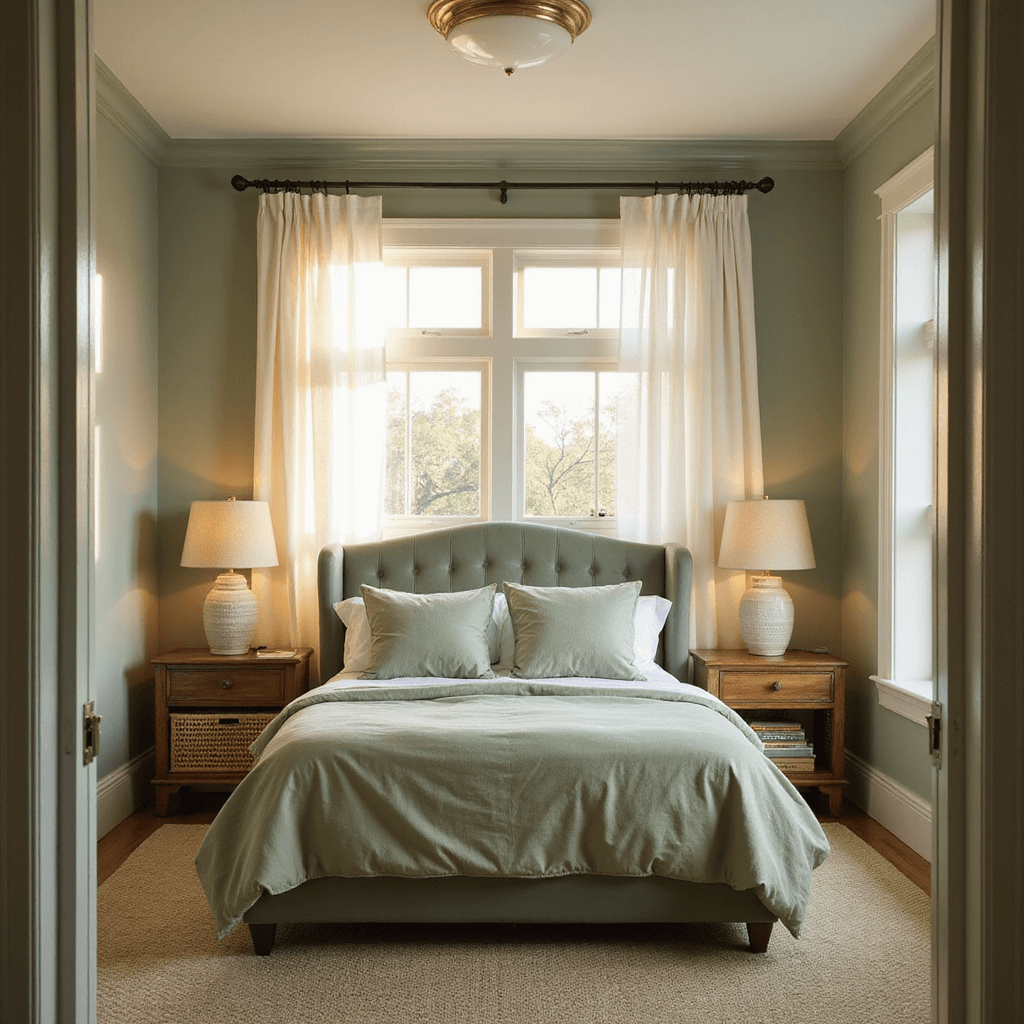 A serene sage green bedroom with a plush queen bed, velvet headboard, and natural light filtering through sheer white curtains, creating a warm and peaceful atmosphere.