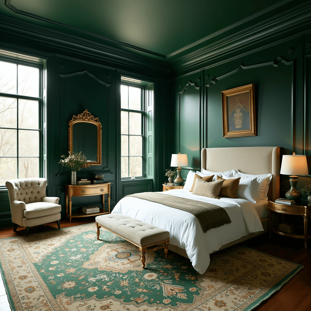 Opulent master bedroom with deep forest green walls, floor-to-ceiling windows letting in morning light, a king-sized bed with white linens and gold accents, vintage Persian rug, brass mirrors and artwork, shot from a low angle near the entrance to emphasize grandeur.