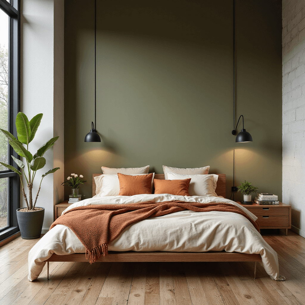 A contemporary bedroom with an olive green accent wall, modern platform bed, warm wood furnishings, cream bedding, rust-colored accents, and minimalist black metal lighting fixtures, illuminated by diffused afternoon light through industrial-style windows.