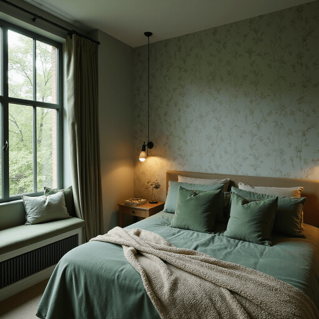 Botanical-inspired bedroom with sage green leaf-patterned wallpaper, built-in reading nook, layer of green textiles, warm LED sconces, and cozy dusk lighting, captured from slightly above eye level.