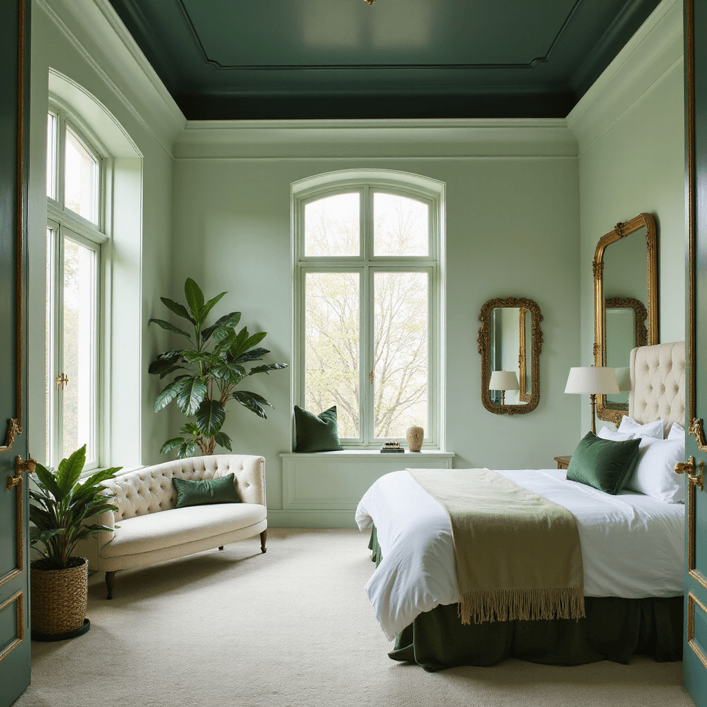 A spacious primary suite featuring pale mint green walls and a forest green ceiling, illuminated by morning light through arched windows, with a tufted cream chaise lounge and a king bed adorned with white linens and green silk accents, complemented by antique brass hardware and potted fiddle leaf figs.