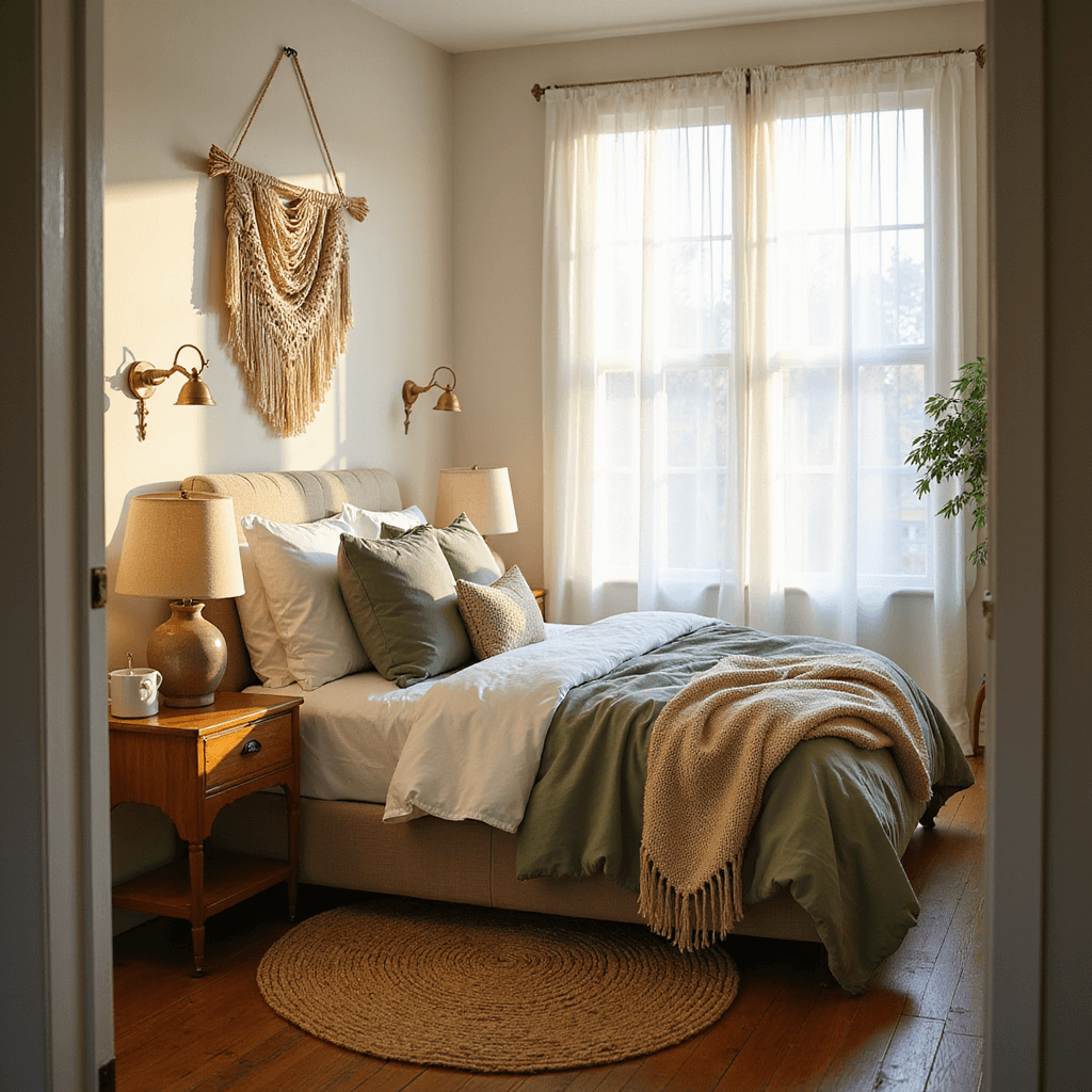 A cozy 14x16ft bedroom filled with golden hour sunlight, featuring a queen bed with layered linens, vintage brass sconces, a handwoven jute rug, and soft textures in a sage, cream, and brass color palette.