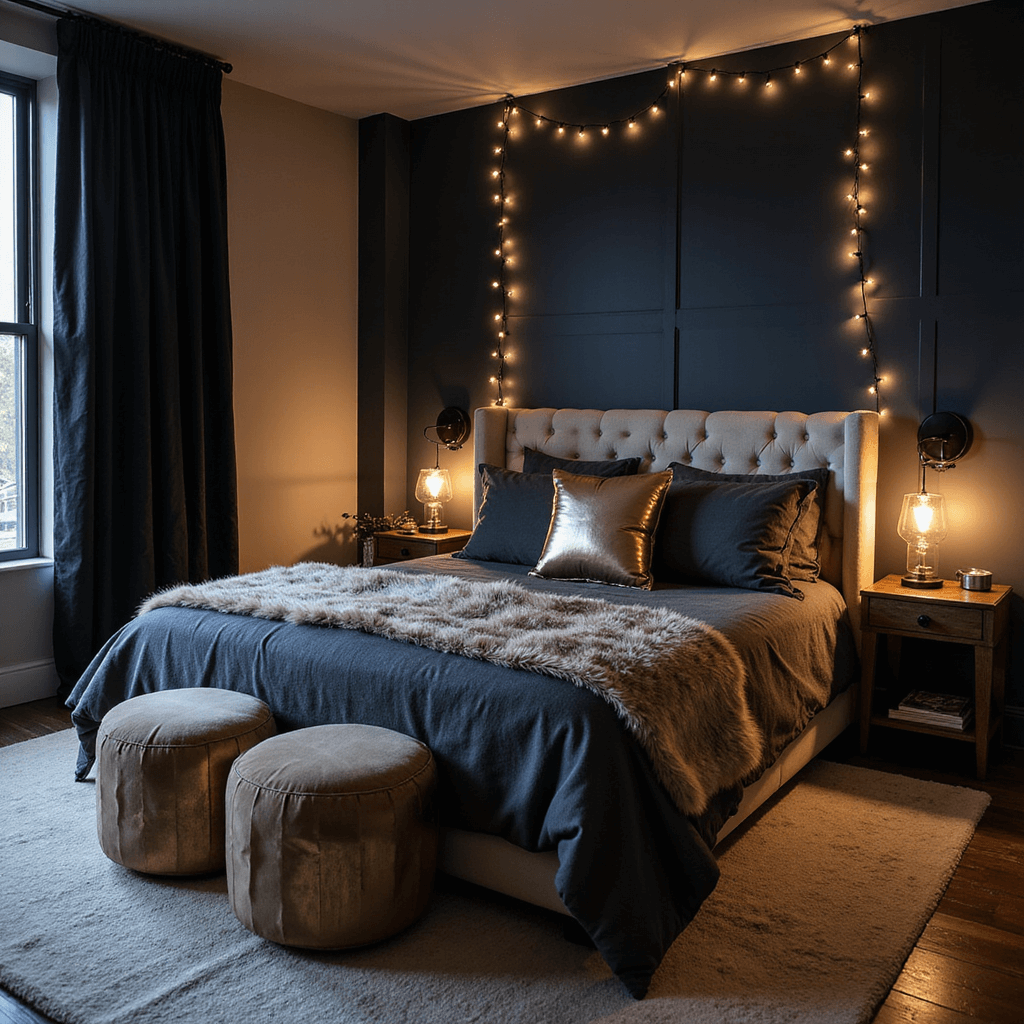 Moody evening bedroom scene featuring a king bed with charcoal linen bedding against a dark navy accent wall, illuminated by dimmable black sconces, warm LED string lights, and mercury glass table lamps, with rich textures from velvet curtains and wool carpet in a color palette of navy, charcoal, cream, and antiqued metals.