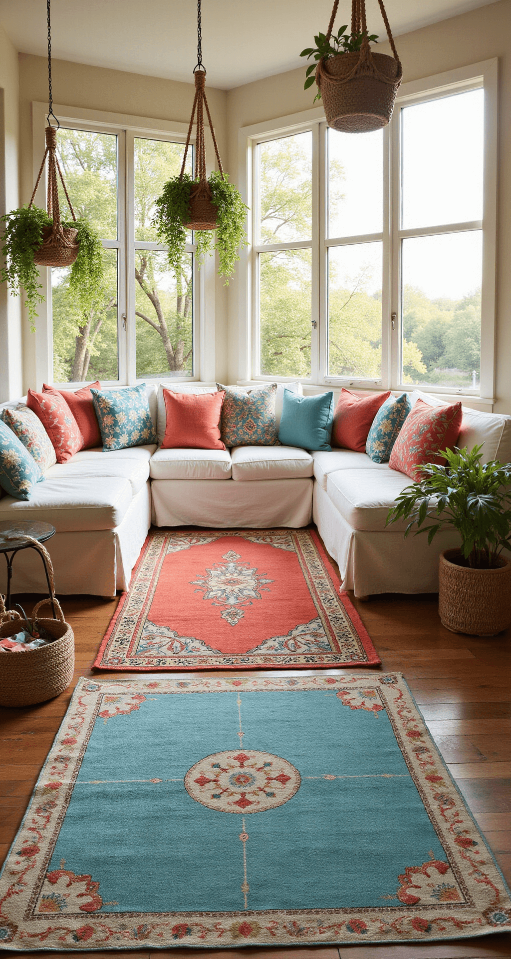 A vibrant summer bohemian retreat featuring a spacious 18x24ft room with large windows bathed in golden afternoon light, layered vintage rugs in coral and turquoise, white slipcovered furniture adorned with colorful block print pillows, and hanging macramé planters with trailing vines, creating a free-spirited, eclectic atmosphere.