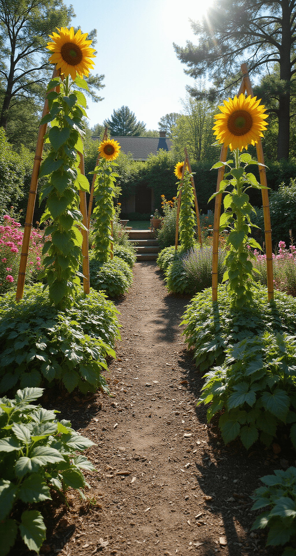 Sun-mapped garden design featuring graduated plant heights in afternoon light, with tall sunflowers and climbing beans in full sun, transitioning to hostas and ferns in partial shade. A sundial serves as the focal point, surrounded by dynamic layers of greenery and bold flower accents, captured at eye level with a 50mm lens.