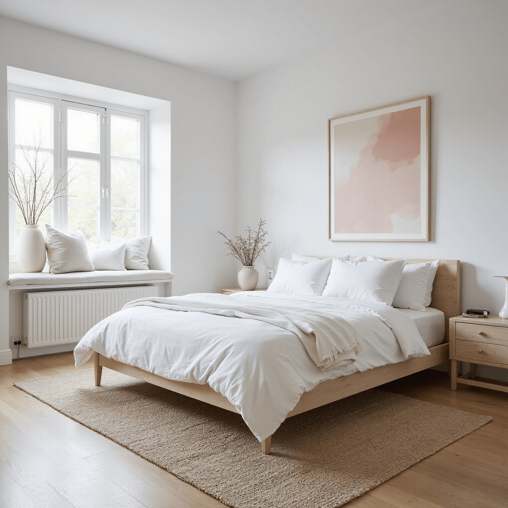 Bright minimalist bedroom with large architectural window seat, white platform bed, pale wood furniture, handmade ceramics, and an oversized blush abstract canvas, layered natural fiber rug on light oak floors, emphasizing negative space and a soft color palette.