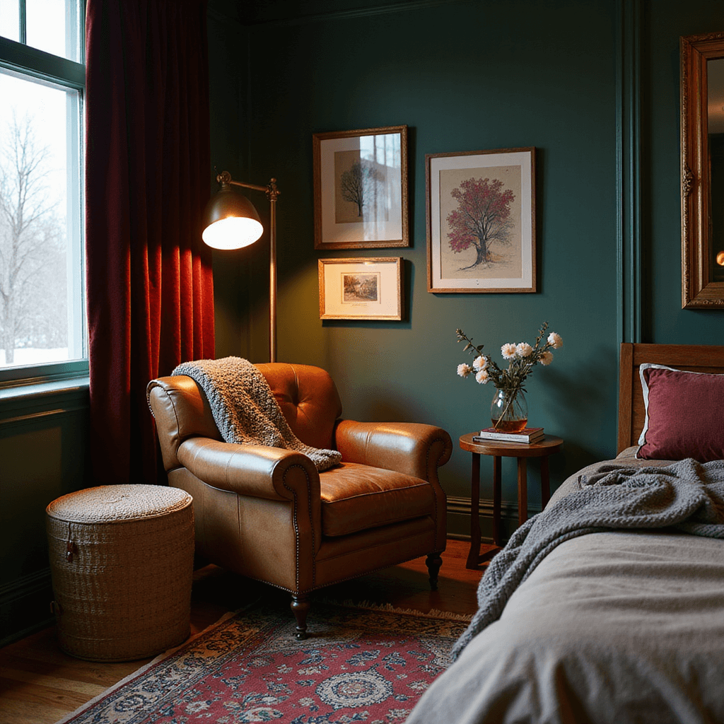 Cozy winter bedroom corner featuring a reading nook with an oversized leather armchair, chunky knit throw, and warm brass floor lamp, set against deep green walls and rich wood furniture. Layered rugs and vintage art form a gallery wall, while heavy velvet drapes in deep burgundy frame the window.