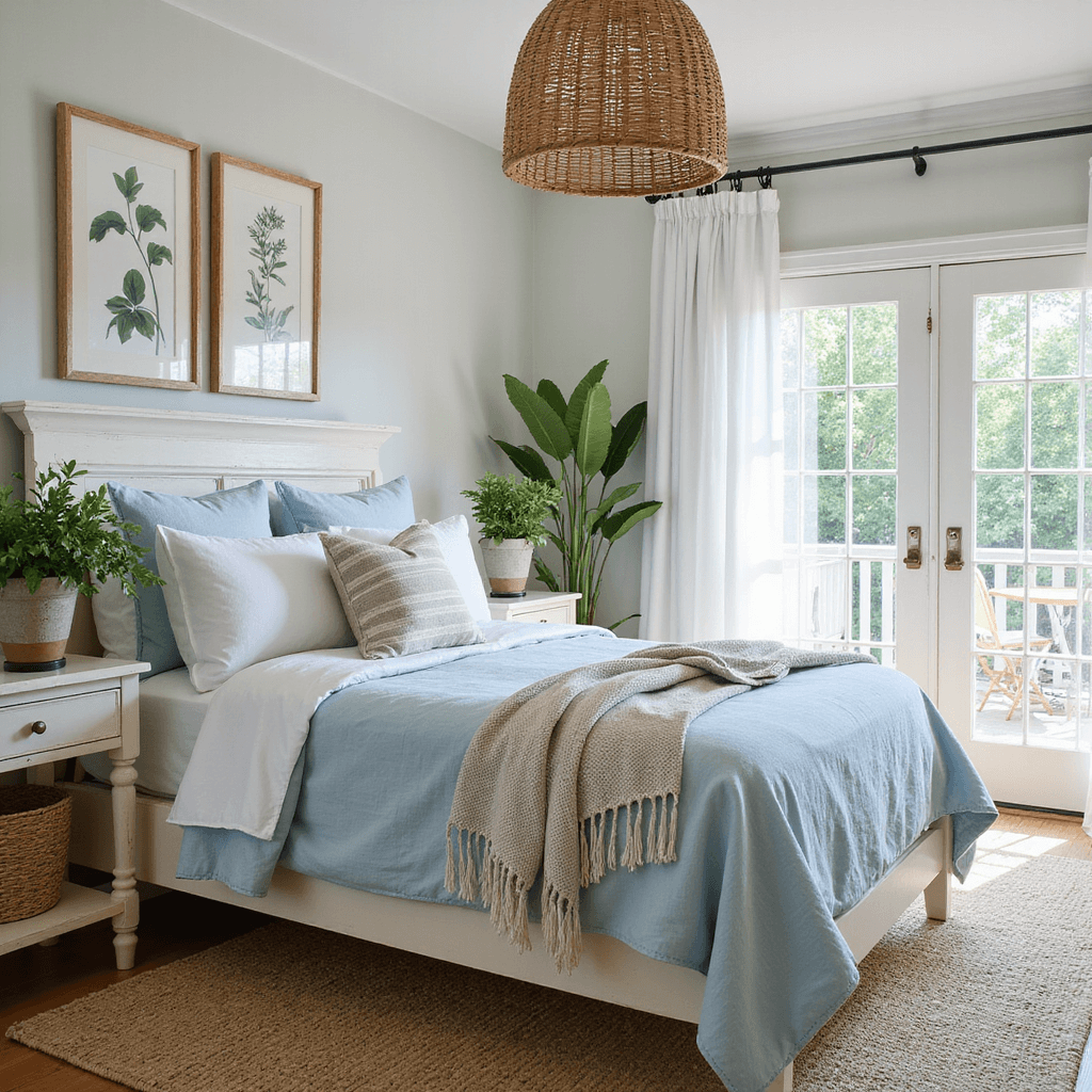 Bright summer bedroom with sheer curtains billowing in a cross breeze, featuring whitewashed furniture, botanical prints, and a queen bed in sky blue linen, accented by striped throws and embroidered pillows. French doors open to a balcony, while a rattan pendant casts shadows amidst potted plants. Color palette includes sky blue, sandy beige, crisp white, and sage green.