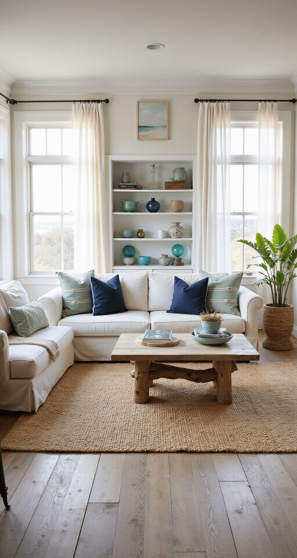 A sunlit coastal living room with a slipcovered ivory sofa, navy and seafoam pillows, and a driftwood coffee table on jute rug, featuring vintage blue glass floats on shelves and rattan chairs, captured in warm golden hour light.