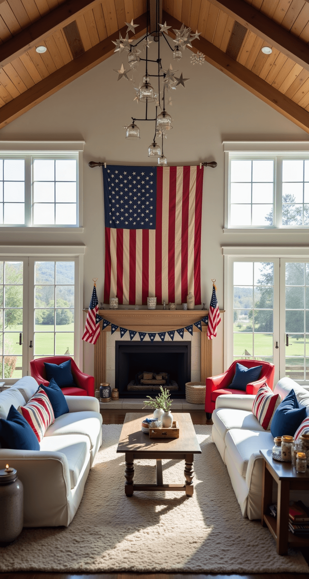 A spacious open-concept living room featuring vaulted ceilings, large windows, and a red, white, and blue color scheme, with a plush white sofa, rustic wooden coffee table, vintage American flag above the fireplace, patriotic bunting, star-shaped paper lanterns, red and blue accent chairs, and a sideboard displaying flags in mason jars, all bathed in warm afternoon sunlight.