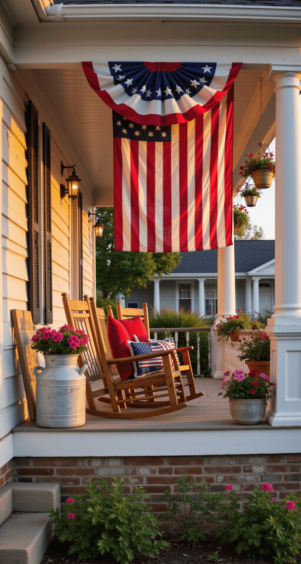 A charming front porch adorned with red, white, and blue decor, featuring wooden rocking chairs, a large American flag, bunting, hanging petunia baskets, a vintage milk can with small flags, and a rustic sign reading 'Land of the Free,' all illuminated by soft string lights during golden hour.