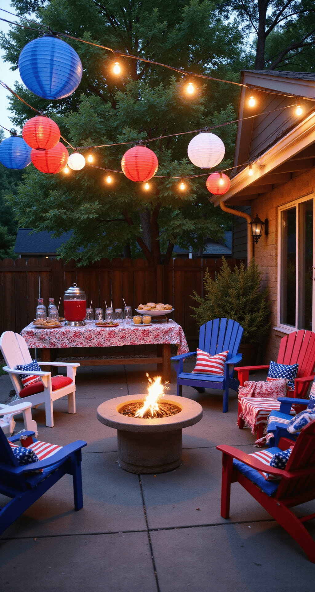 A cozy backyard patio at dusk, decorated for a patriotic celebration with string lights, paper lanterns, a buffet table featuring American dishes, a drink station with red punch, Adirondack chairs, a fire pit with sparklers, and American flag pillows.
