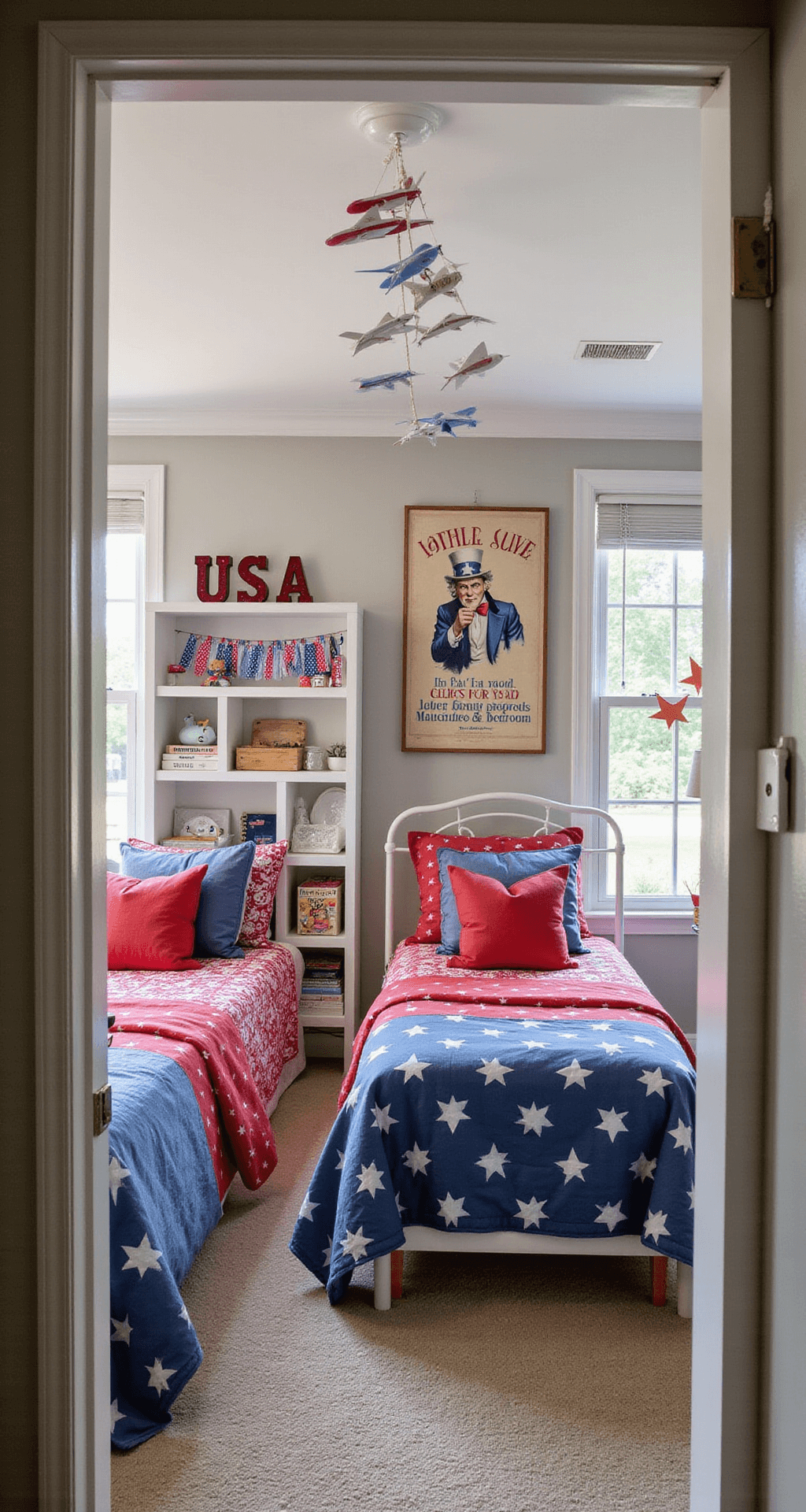 A child's patriotic bedroom featuring twin beds with red and blue quilts, a glowing 'USA' marquee sign, vintage Uncle Sam posters, a DIY bunting banner, a bookshelf with themed toys and books, star-shaped window decorations, and a mobile of paper airplanes, viewed from the doorway.